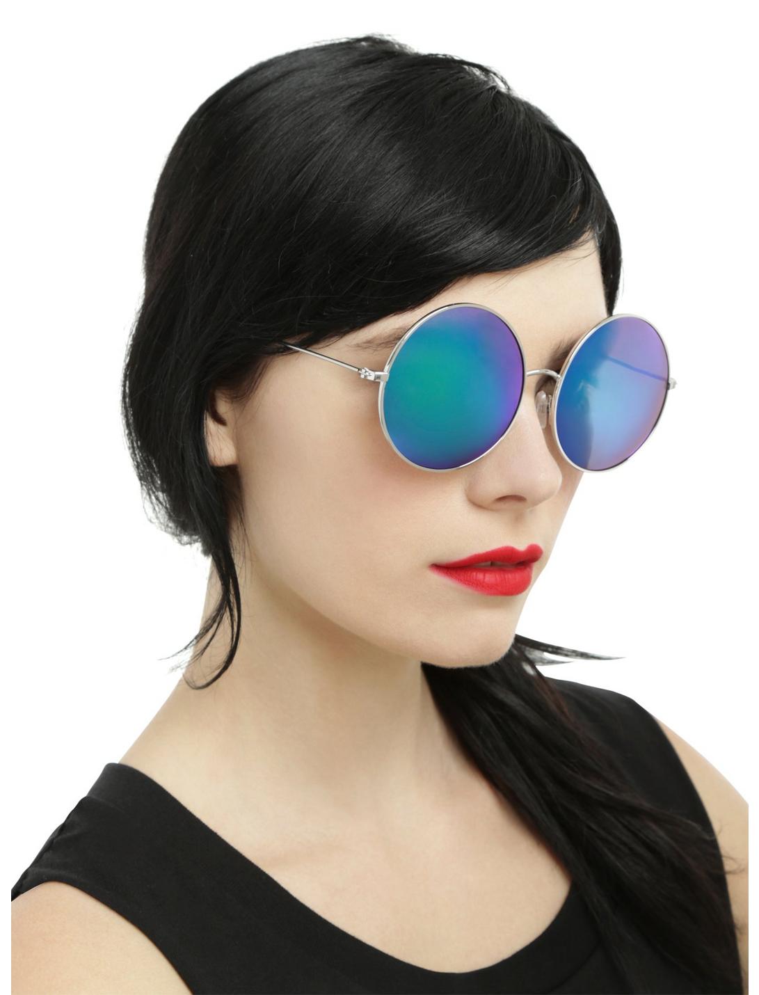 Purple Mirror Lens Silver Round Sunglasses, , hi-res