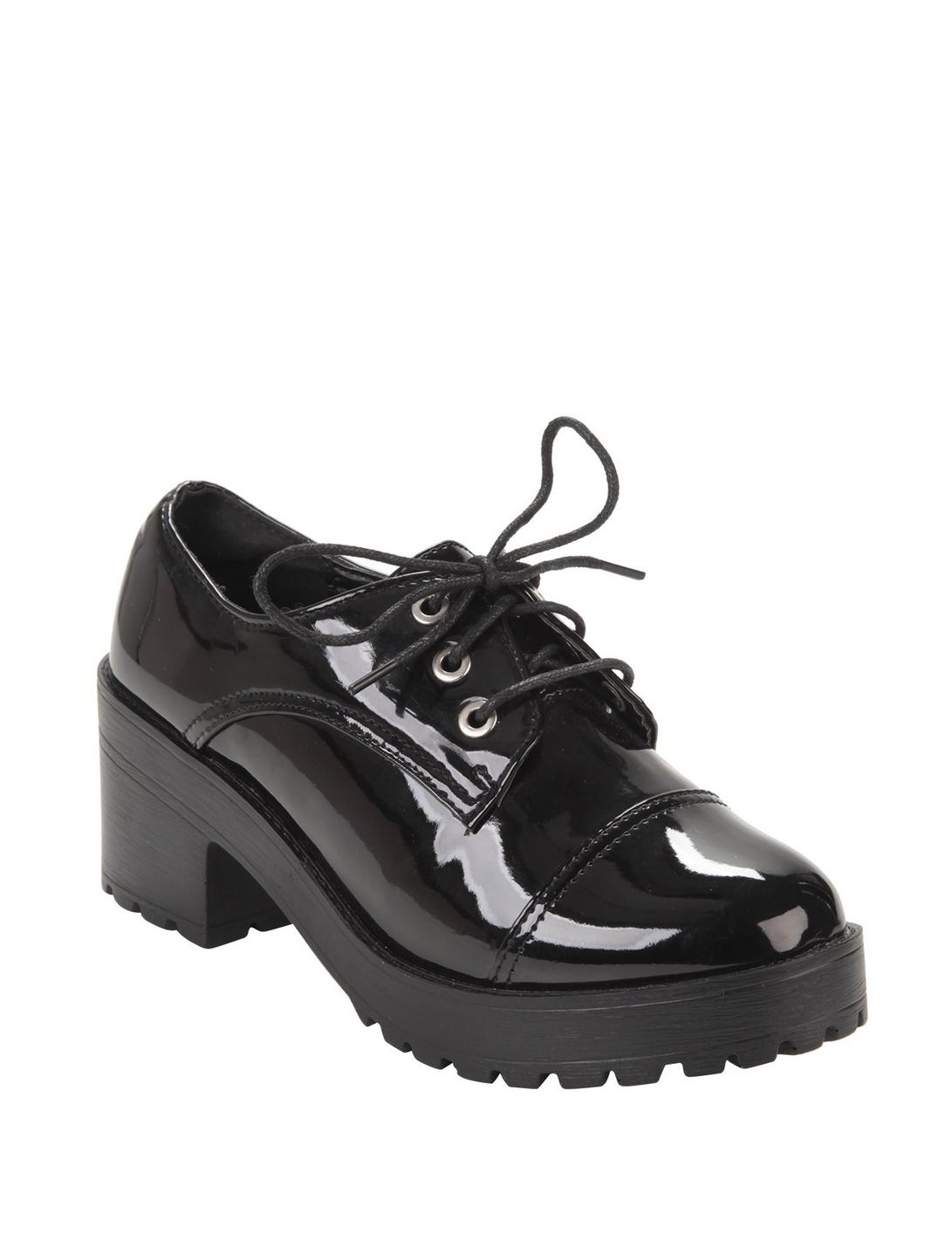 Black Patent Leather Chunky Heel Lace-Up Oxford, BLACK, hi-res