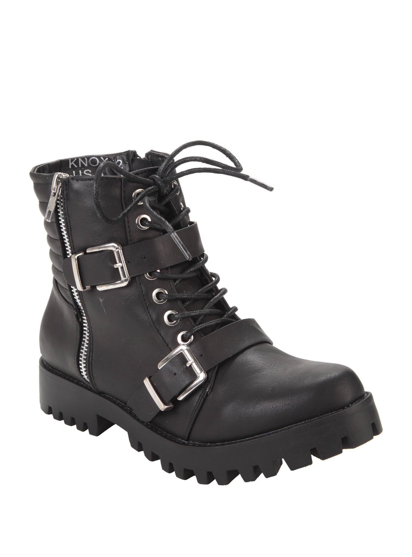 Black Lace-Up & Buckle Strap Ankle Boots, BLACK, hi-res