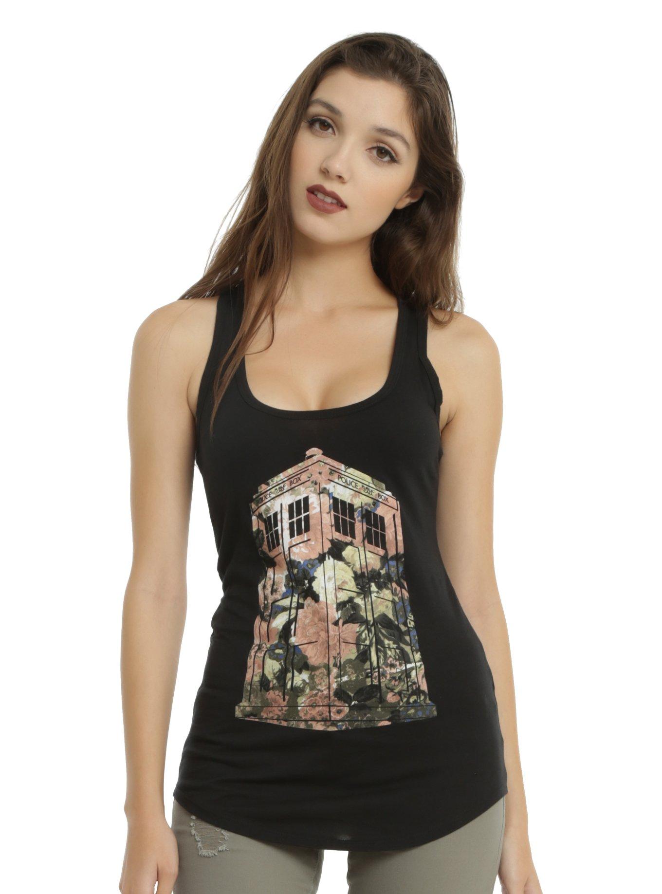 Doctor Who Floral TARDIS Girls Tank Top, BLACK, hi-res