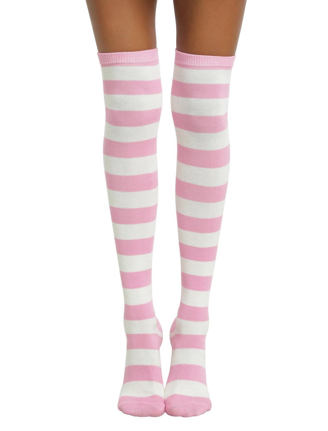Blackheart Cream & Pink Striped Over-The-Knee Socks, , hi-res