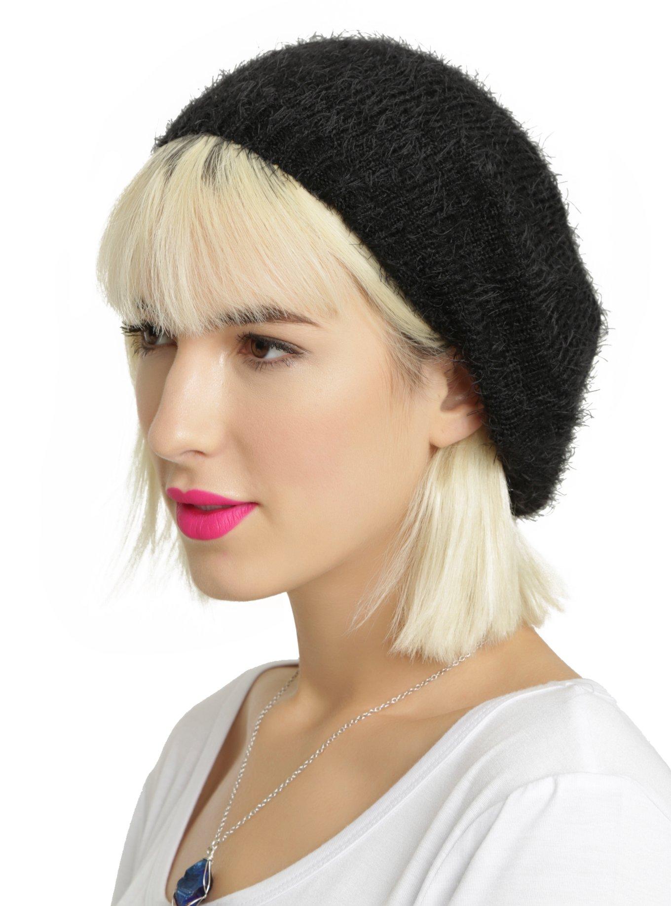 Black Eyelash Knit Beret, , hi-res