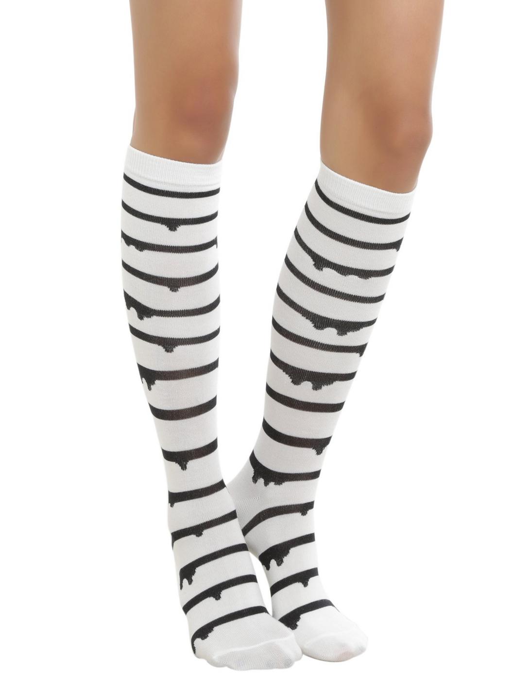Blackheart White With Black Dripping Stripe Knee High Socks, , hi-res