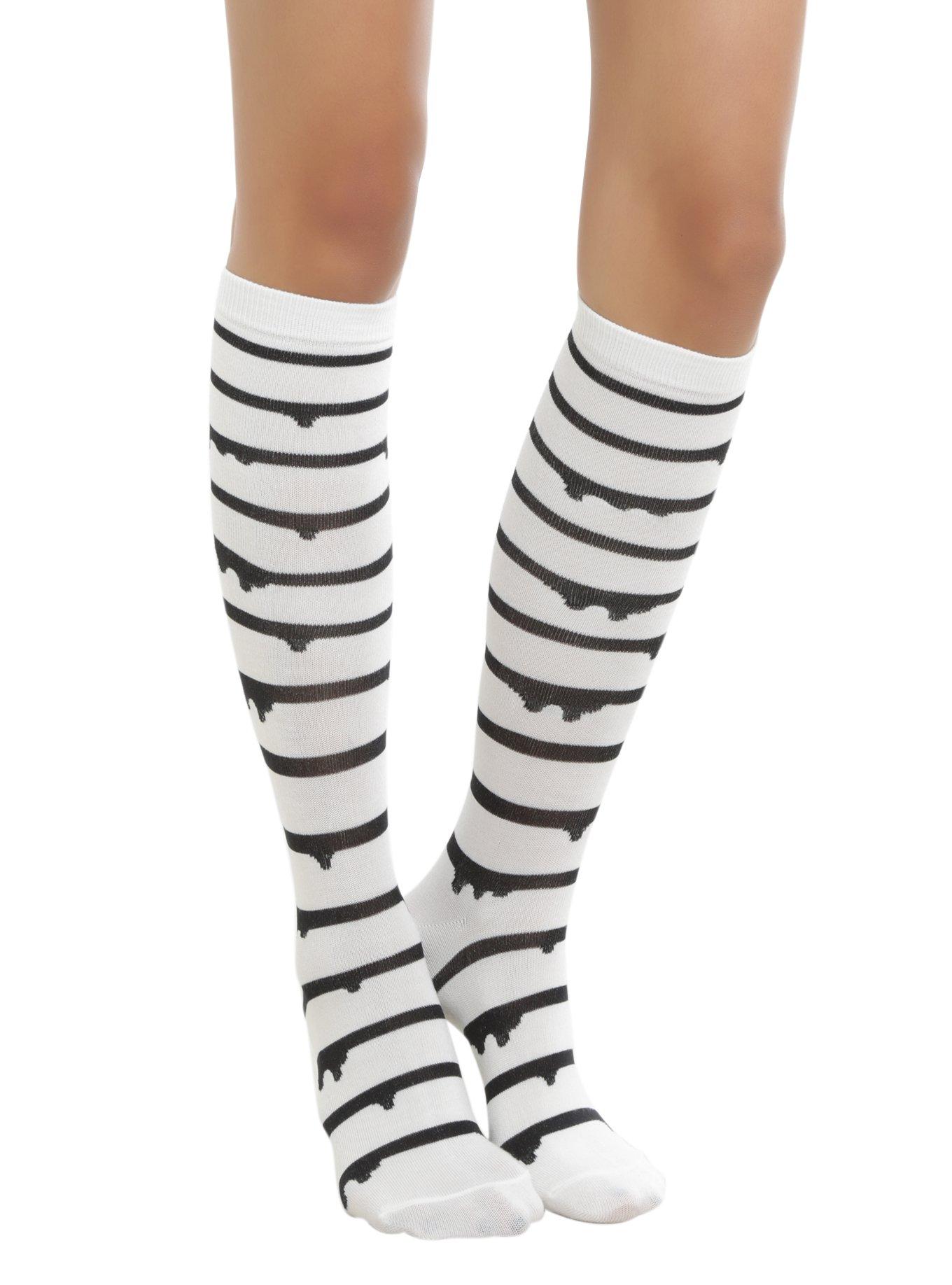 Blackheart White With Black Dripping Stripe Knee High Socks, , hi-res