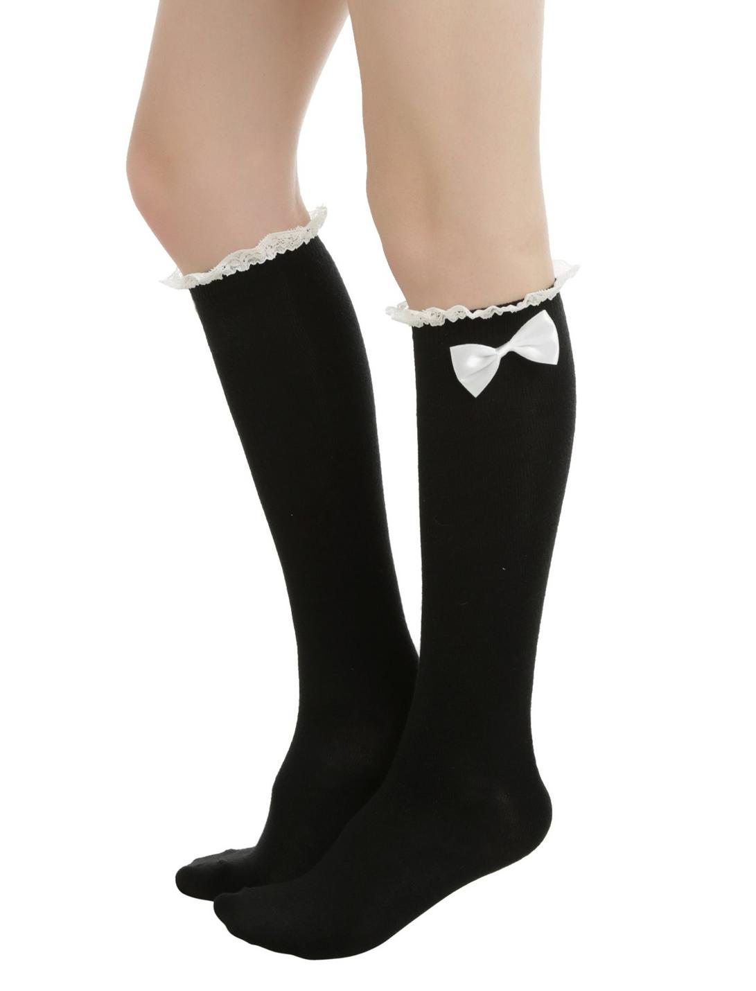 Blackheart Black & White Lace & Bow Knee High Socks, , hi-res