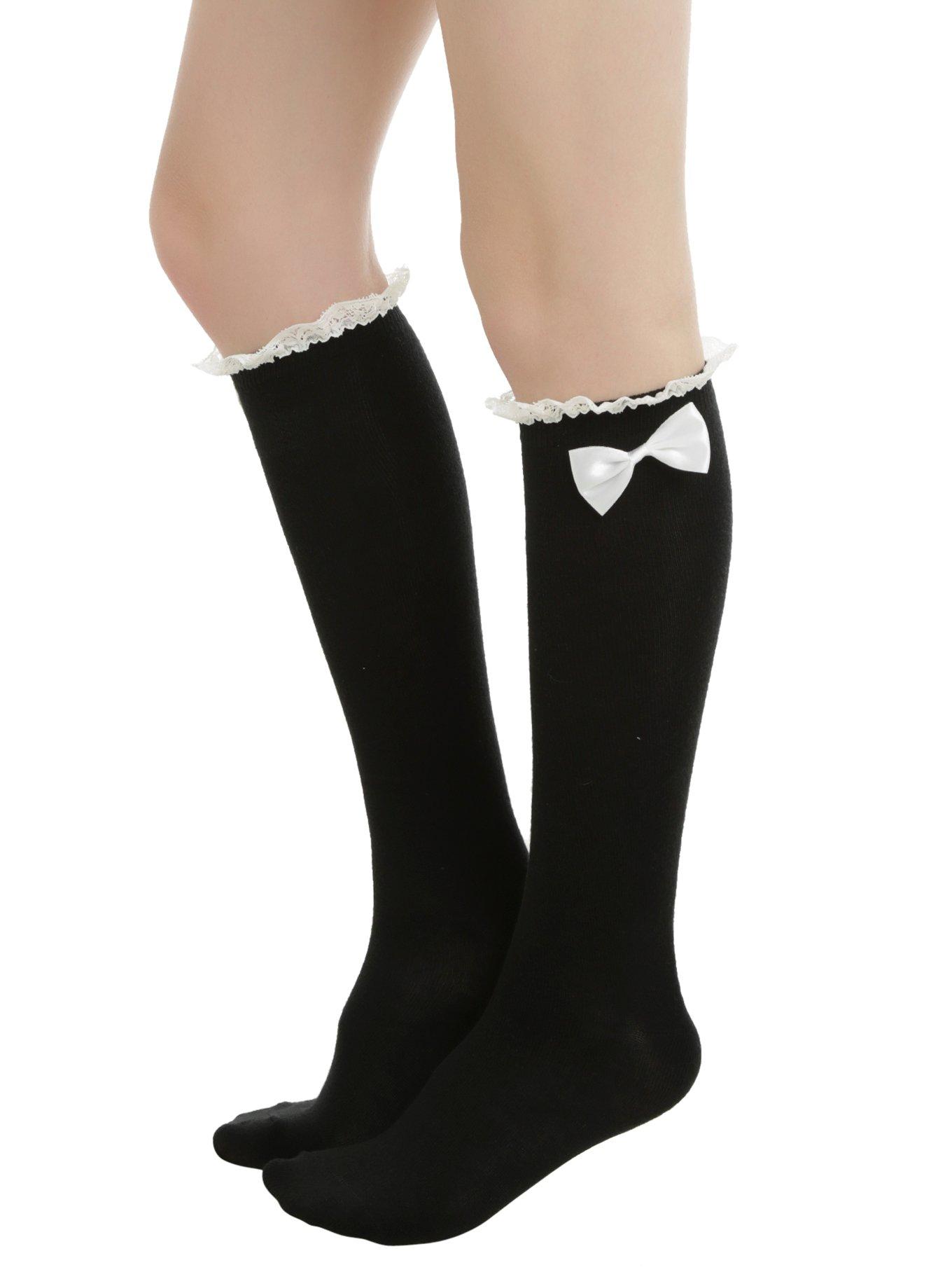 Blackheart Black & White Lace & Bow Knee High Socks, , hi-res