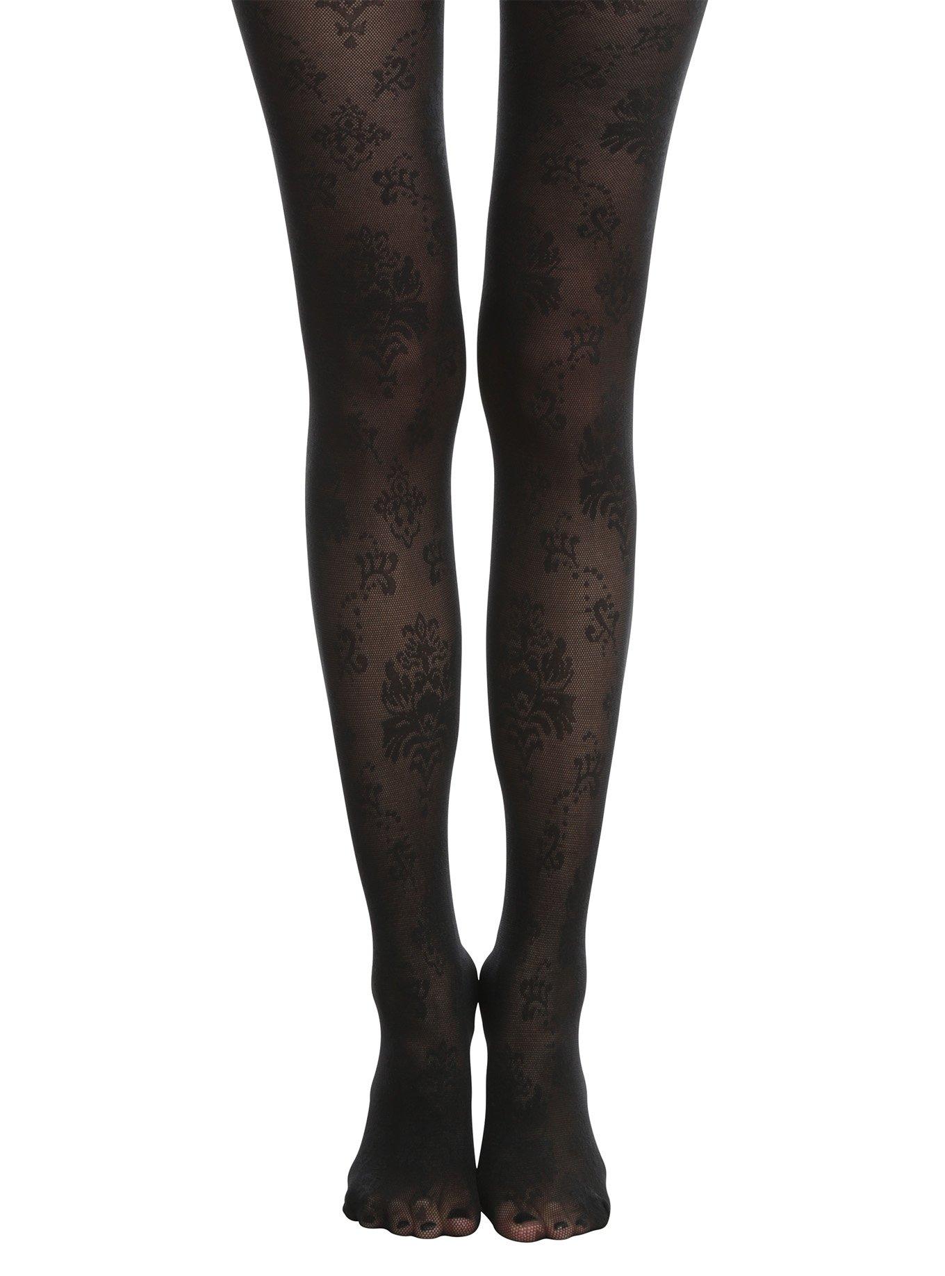 Blackheart Black Flocked Floral Fishnet Tights, BLACK, hi-res view 1