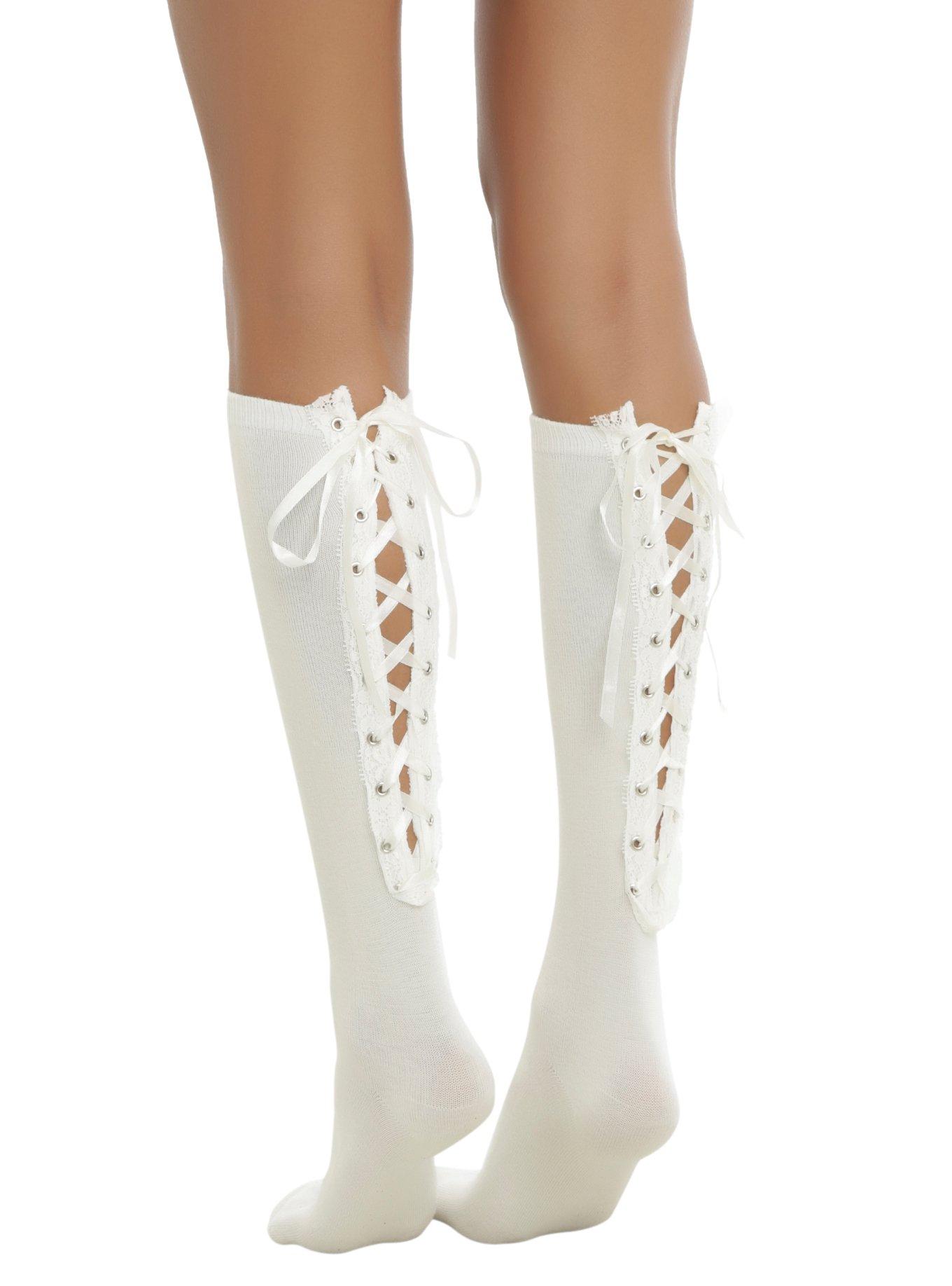 Blackheart Cream Lace-Up Knee-High Socks, , hi-res