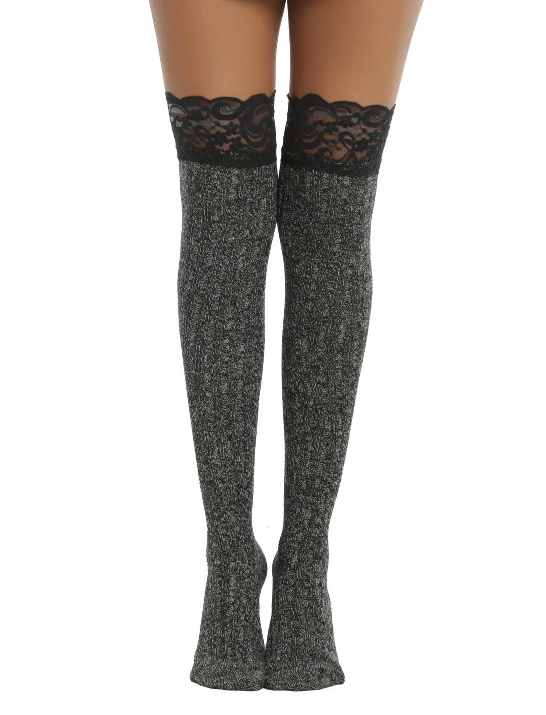 Blackheart Black Lace Cuff Grey Sweater Over-The-Knee Socks, , hi-res