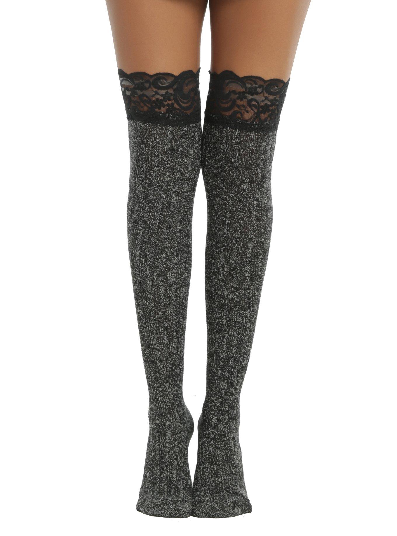 Blackheart Black Lace Cuff Grey Sweater Over-The-Knee Socks, , hi-res