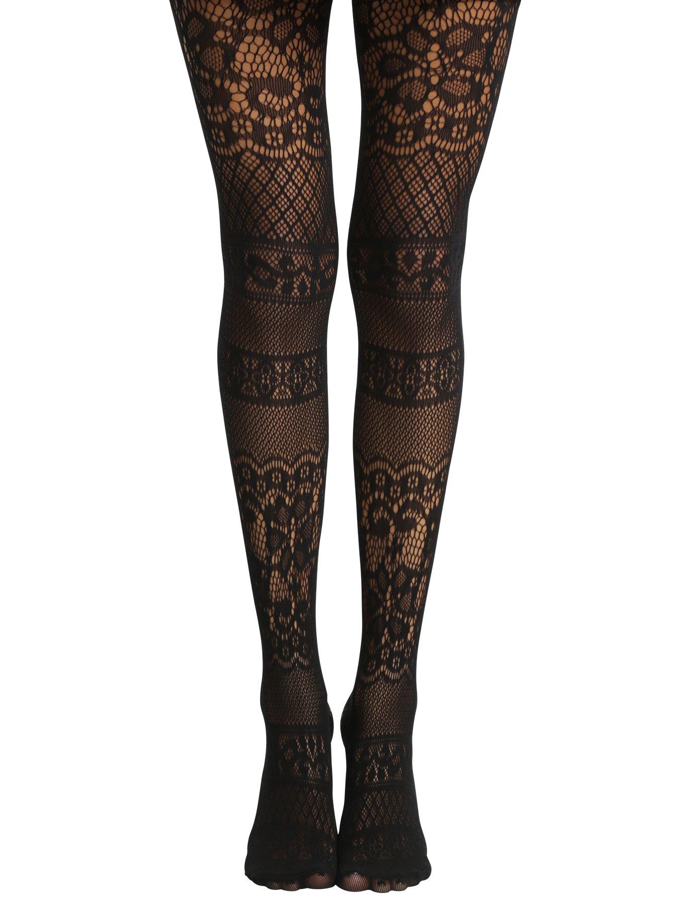 Black Filigree Fishnet Tights, BLACK, hi-res