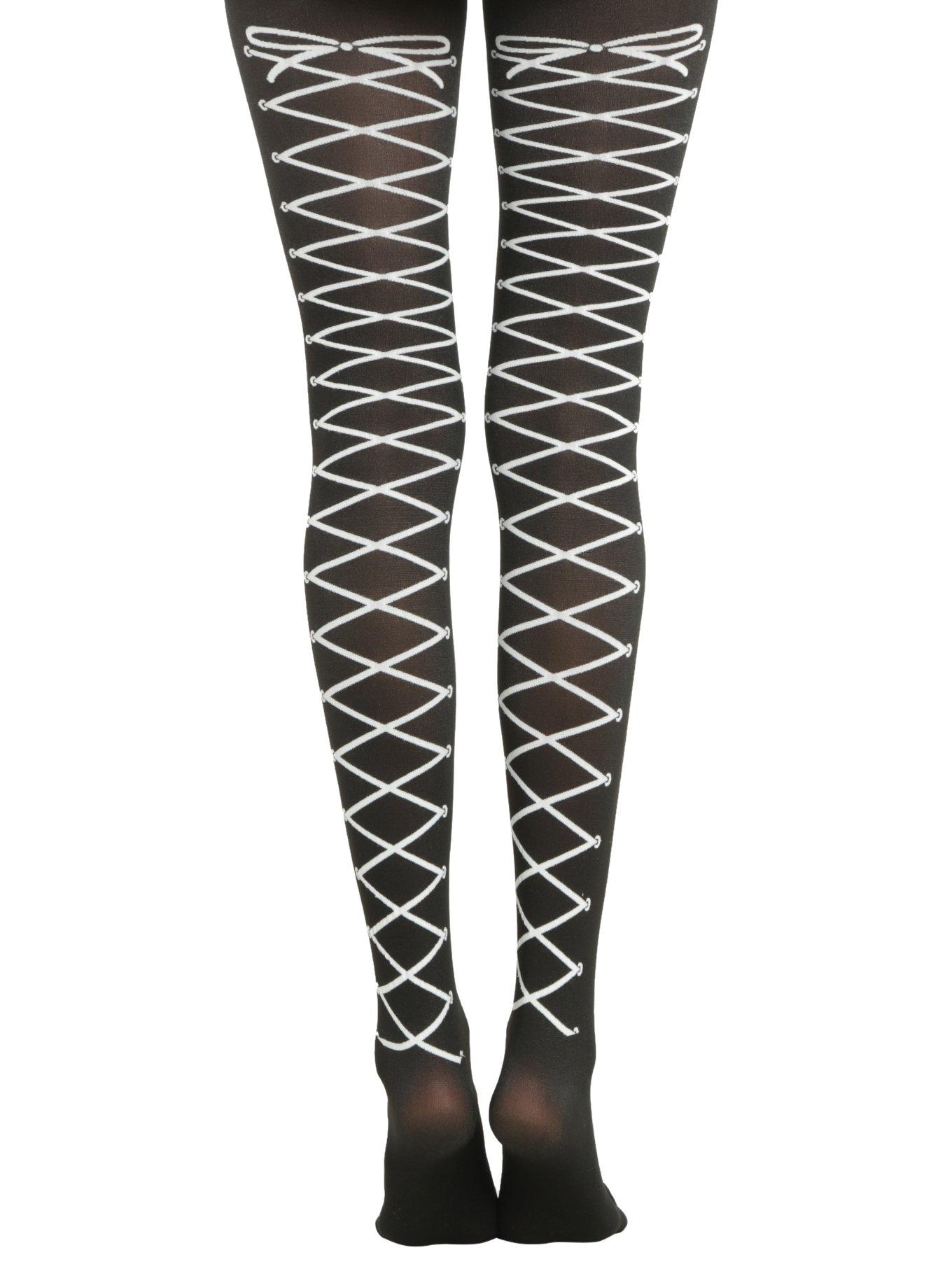 Blackheart Black And White Lace Up Tights Hot Topic