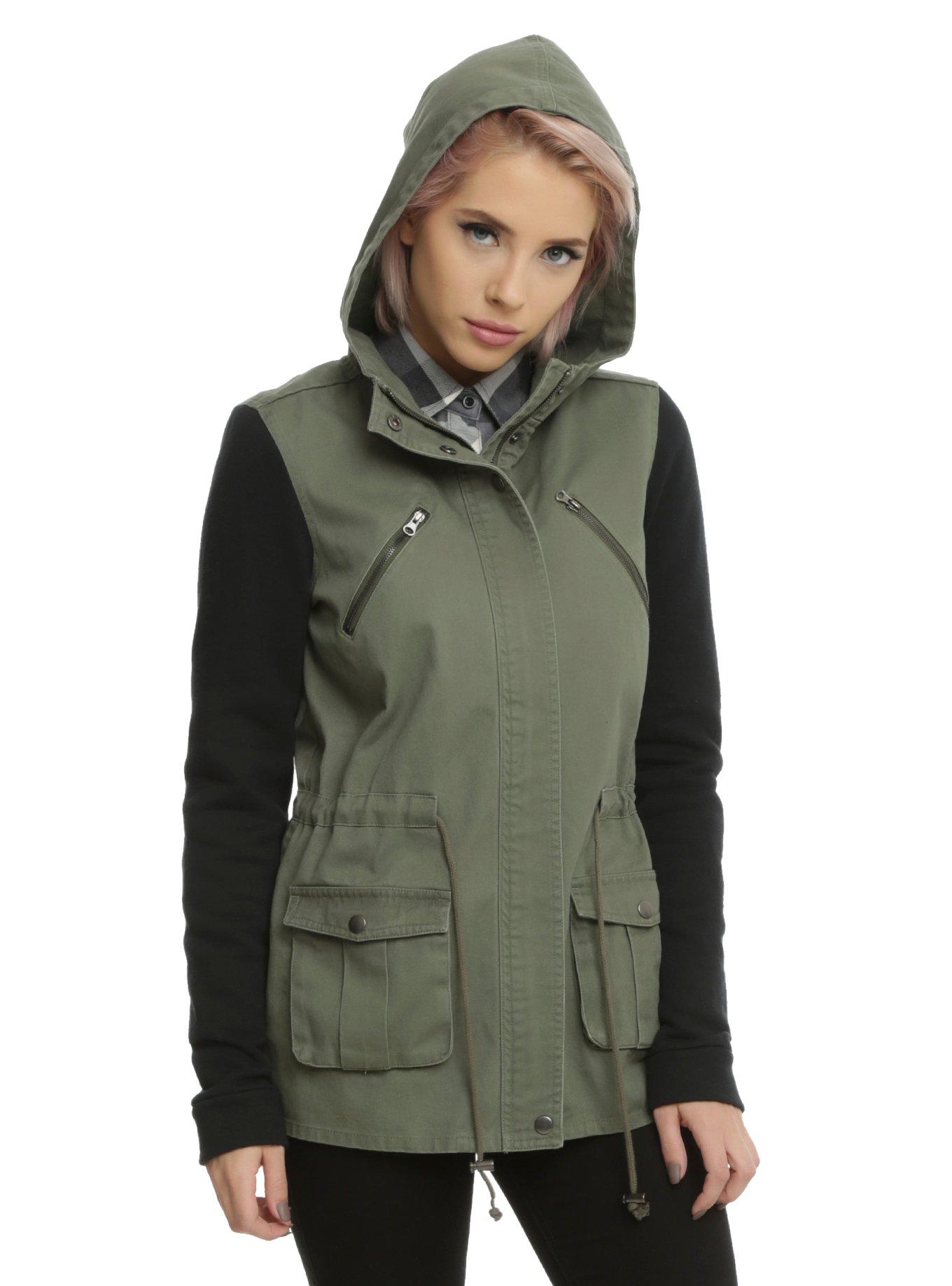 Olive Anorak Black Sleeve Girls Hooded Jacket, OLIVE, hi-res