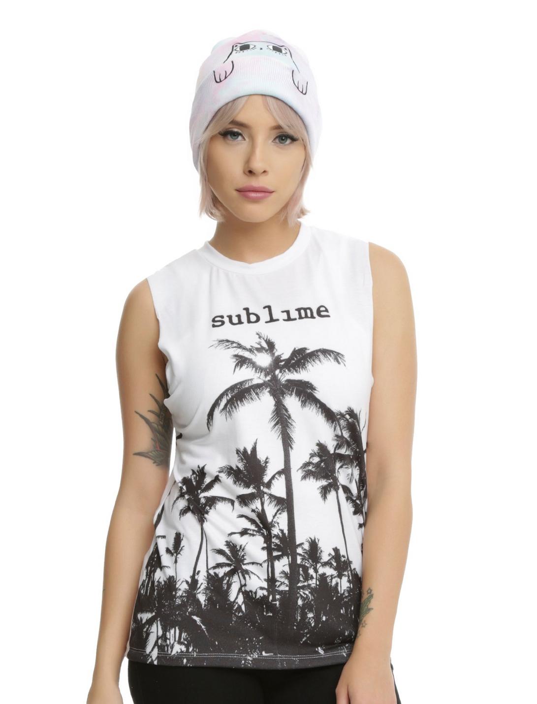 Sublime Palm Trees Girls Muscle Top, WHITE, hi-res