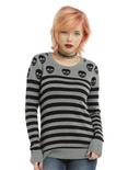 Grey & Black Skull & Stripe Girls Sweater, BLACK, hi-res