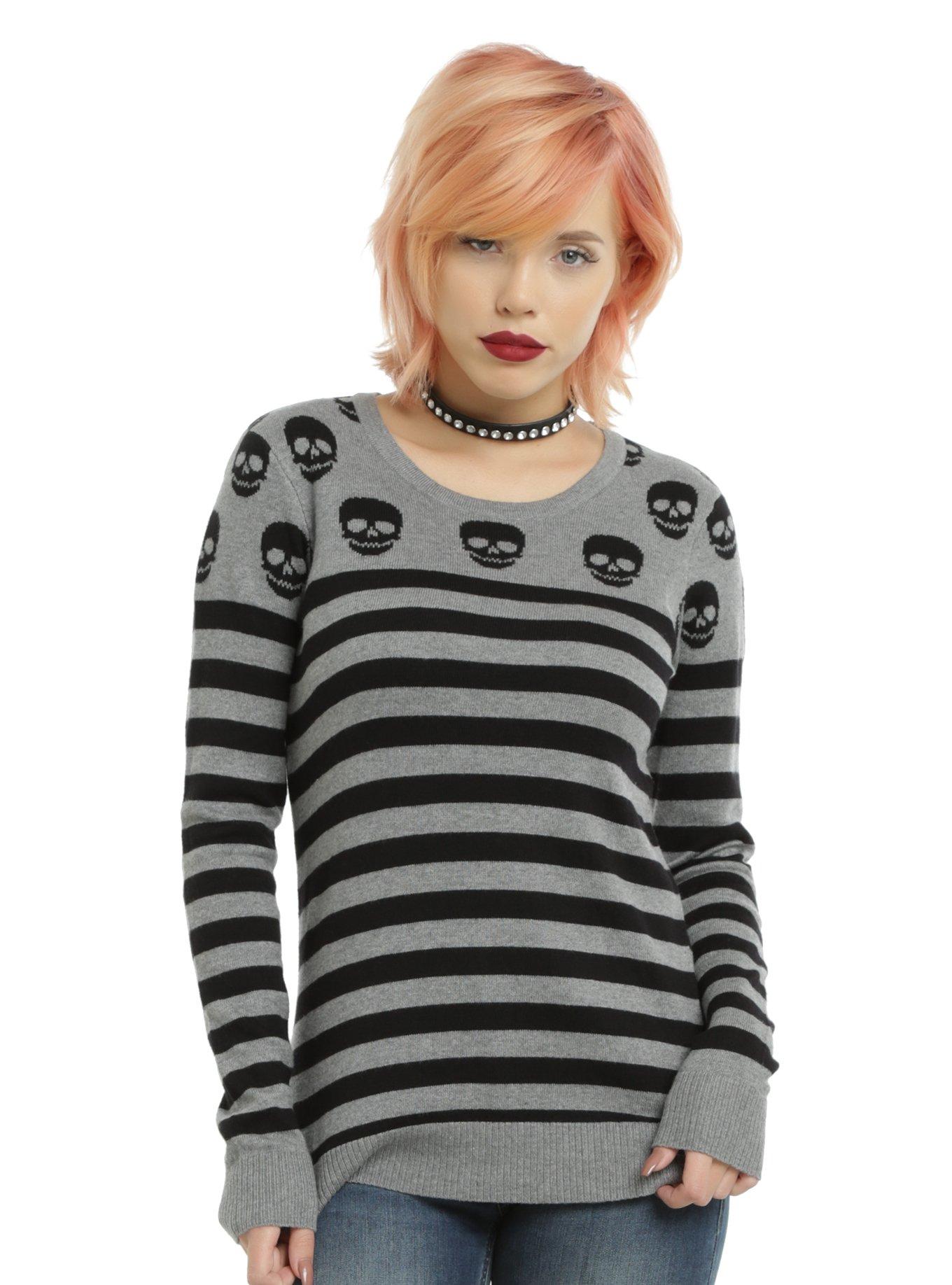 Grey & Black Skull & Stripe Girls Sweater, BLACK, hi-res