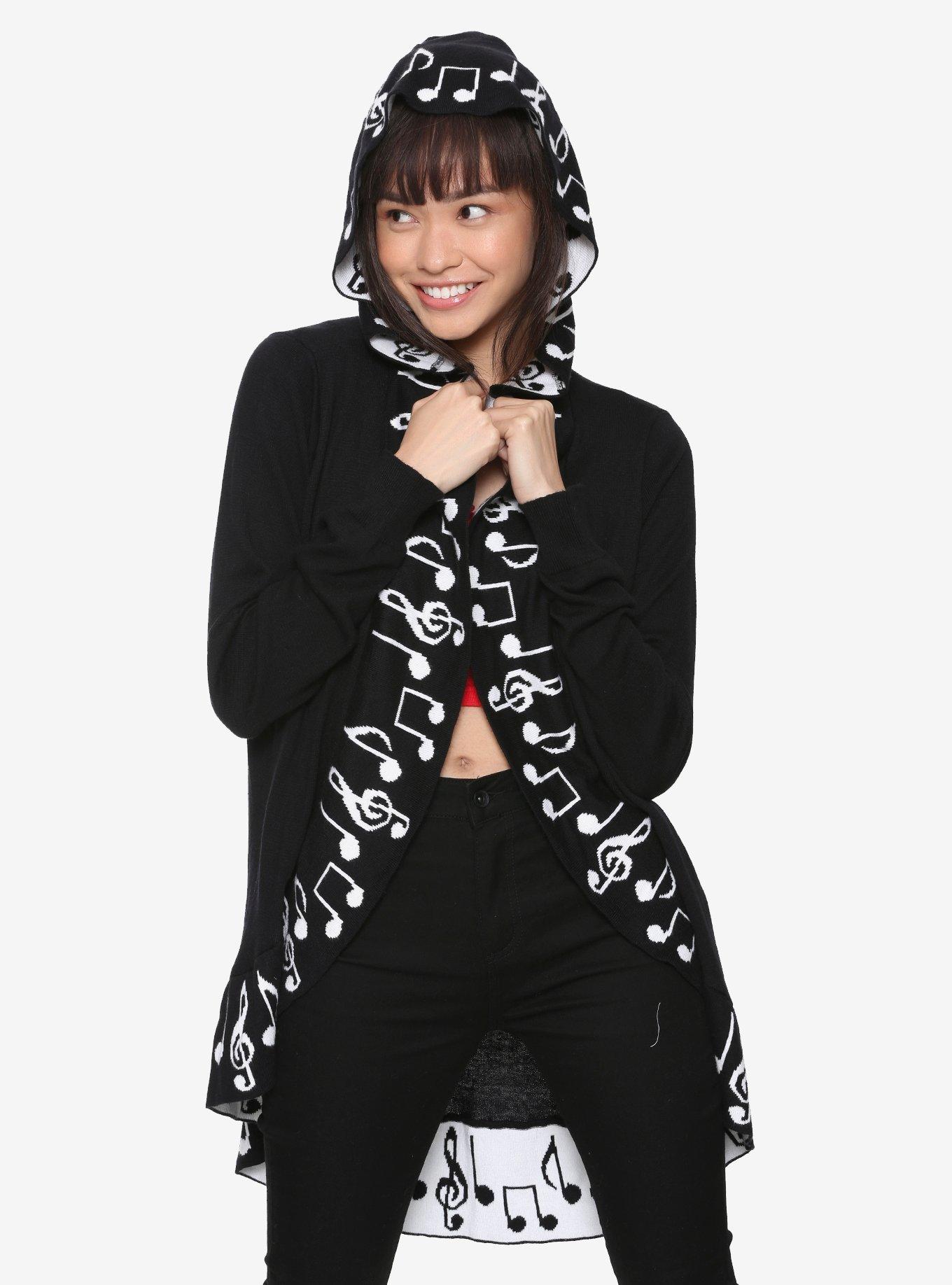 Music Note Hooded Flyaway Cardigan, BLACK, hi-res