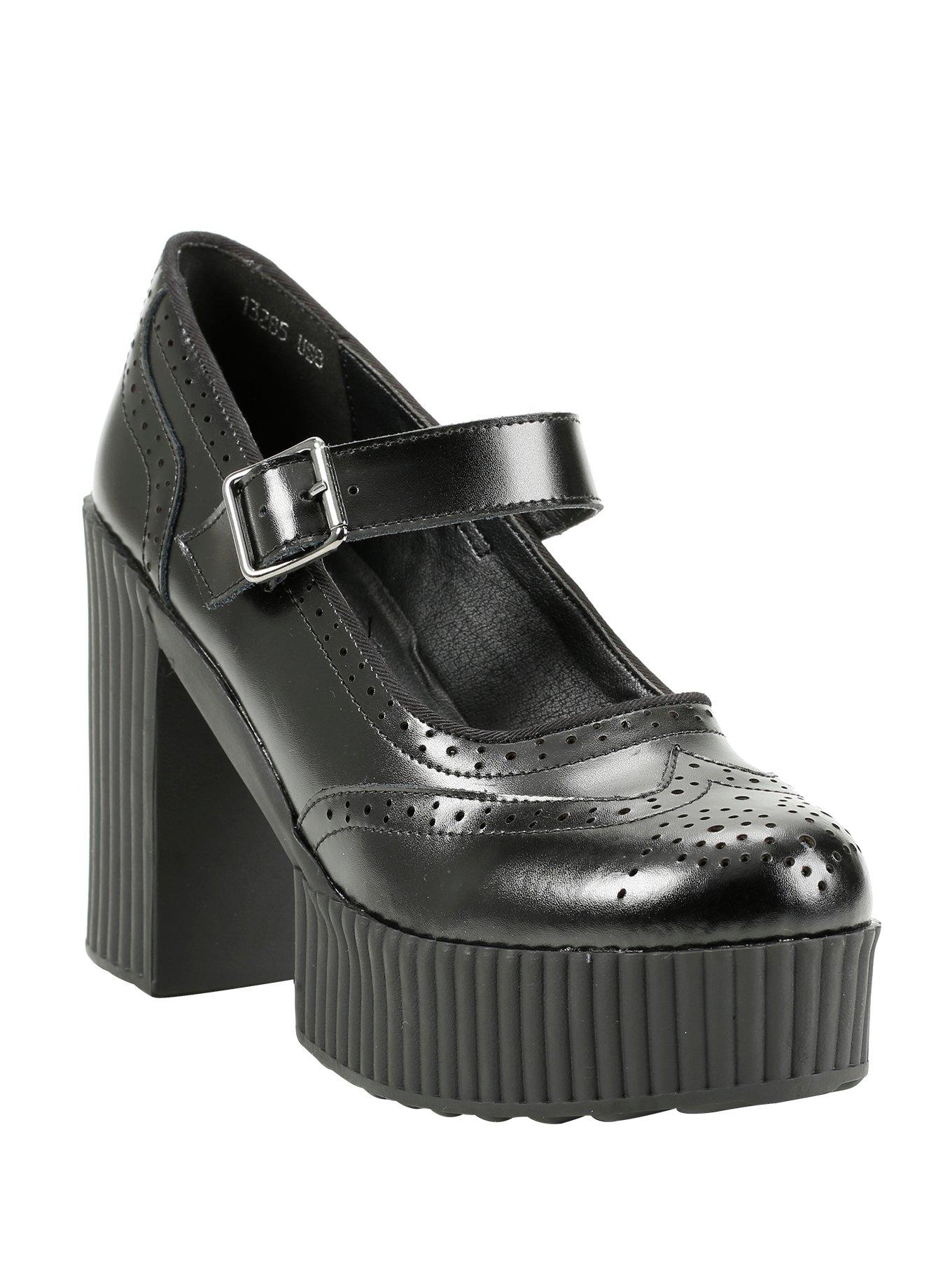 T.U.K. Black Leather Wingtip Mary Jane Heel, BLACK, hi-res