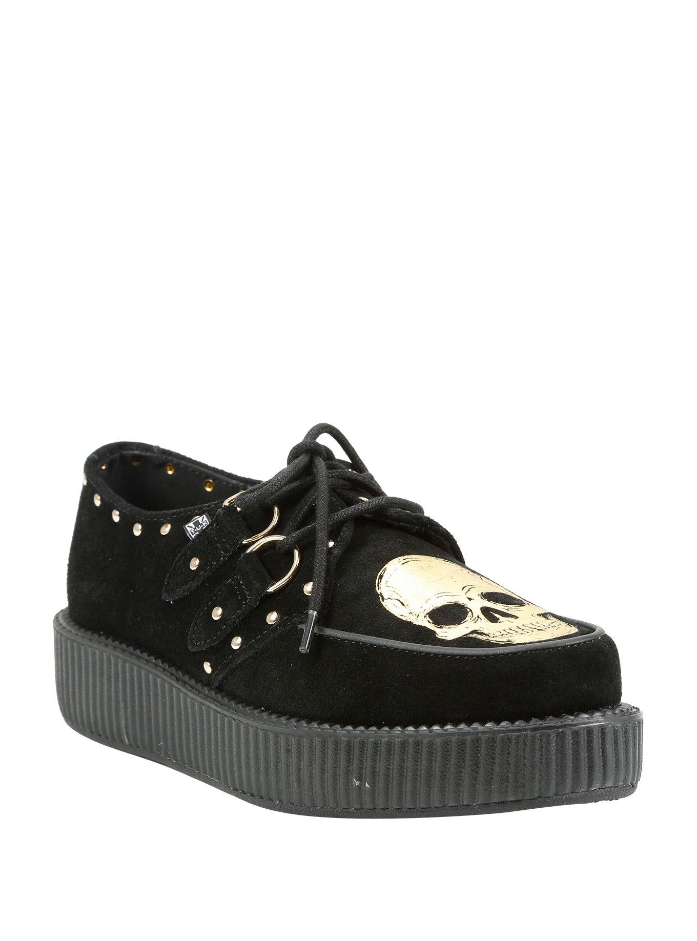 T.U.K. Gold Foil Skull Black Suede Low Viva Creepers Hot Topic