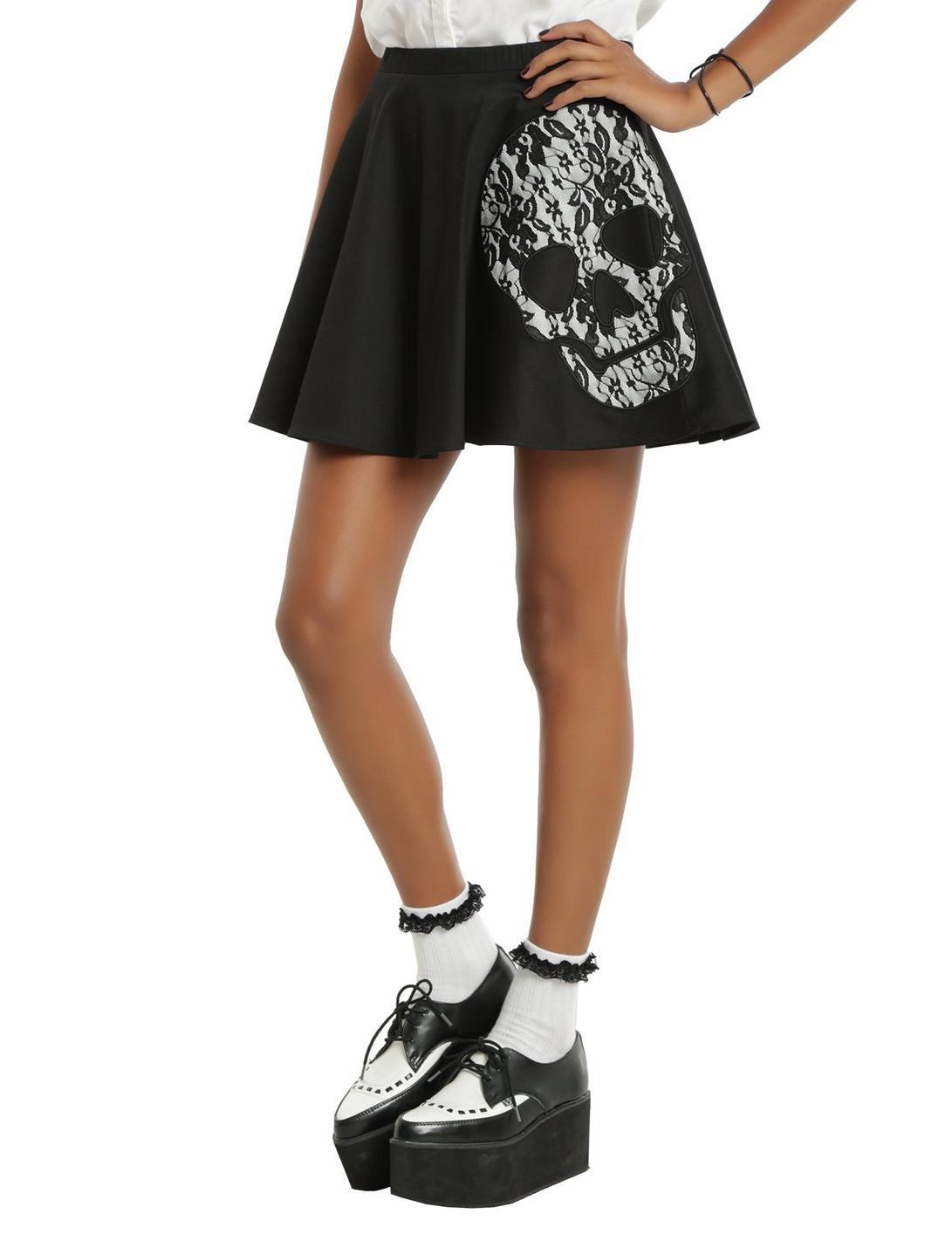 Black Lace Skull Circle Skirt, BLACK, hi-res