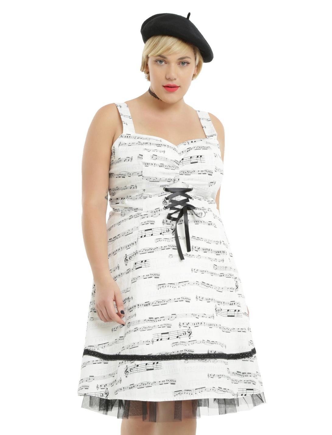 Ivory & Black Music Note Dress Plus Size, WHITE, hi-res