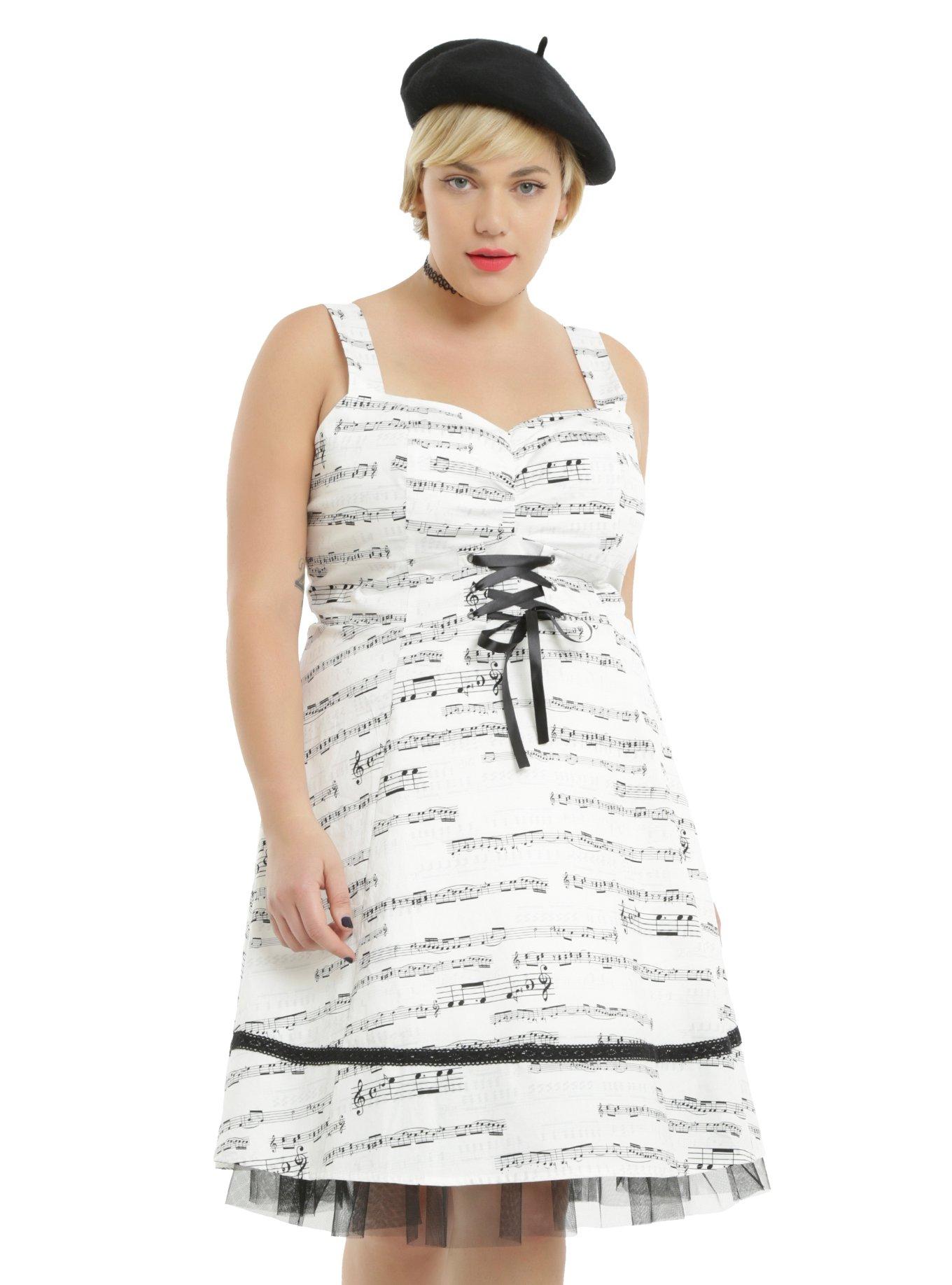 Ivory & Black Music Note Dress Plus Size, WHITE, hi-res