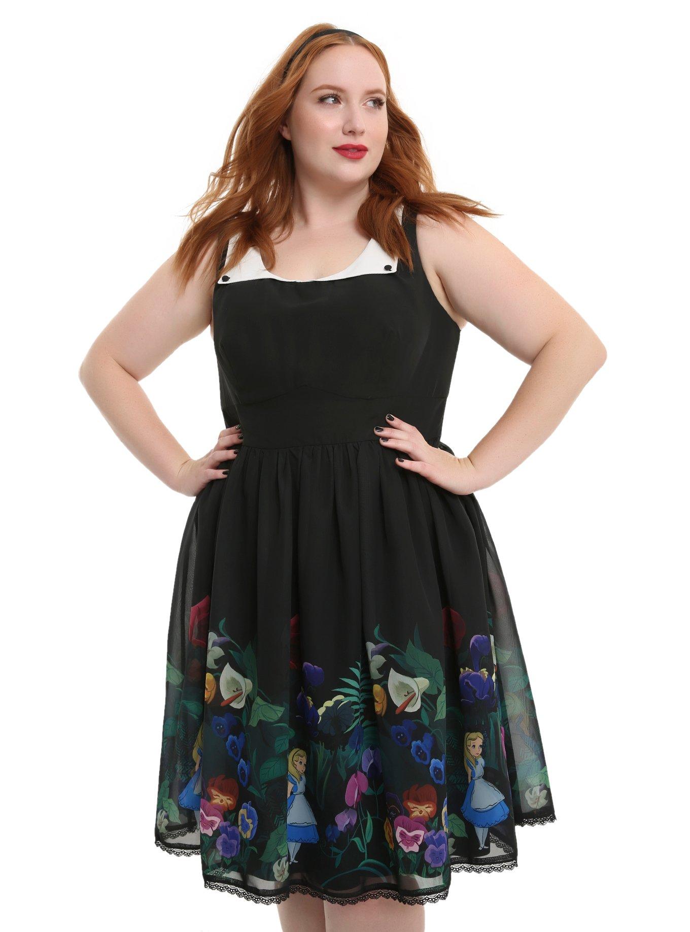 Disney Alice In Wonderland Flowers Peter Pan Collar Border Print Dress Plus Size, BLACK, hi-res