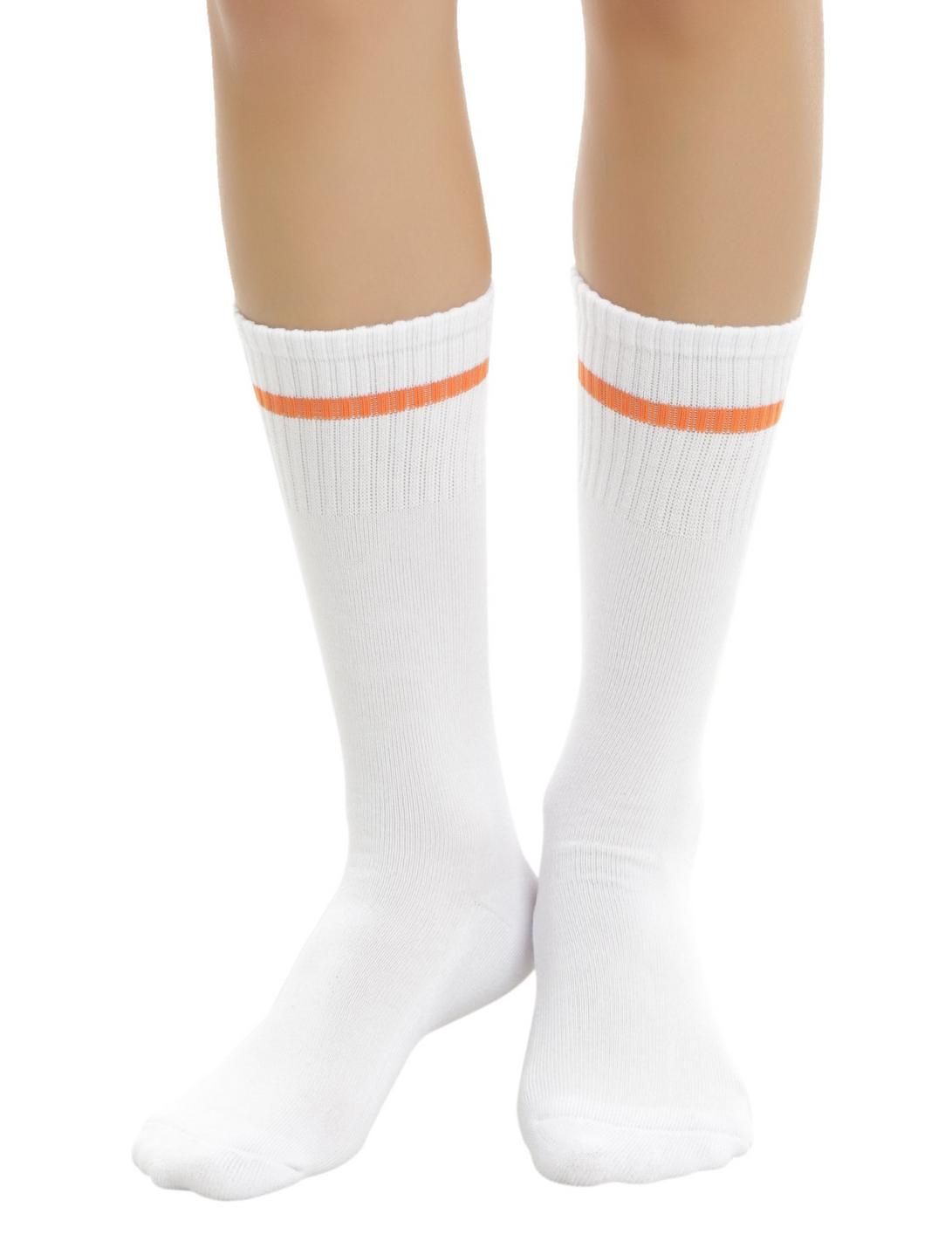 White & Orange Stripe Crew Socks, , hi-res