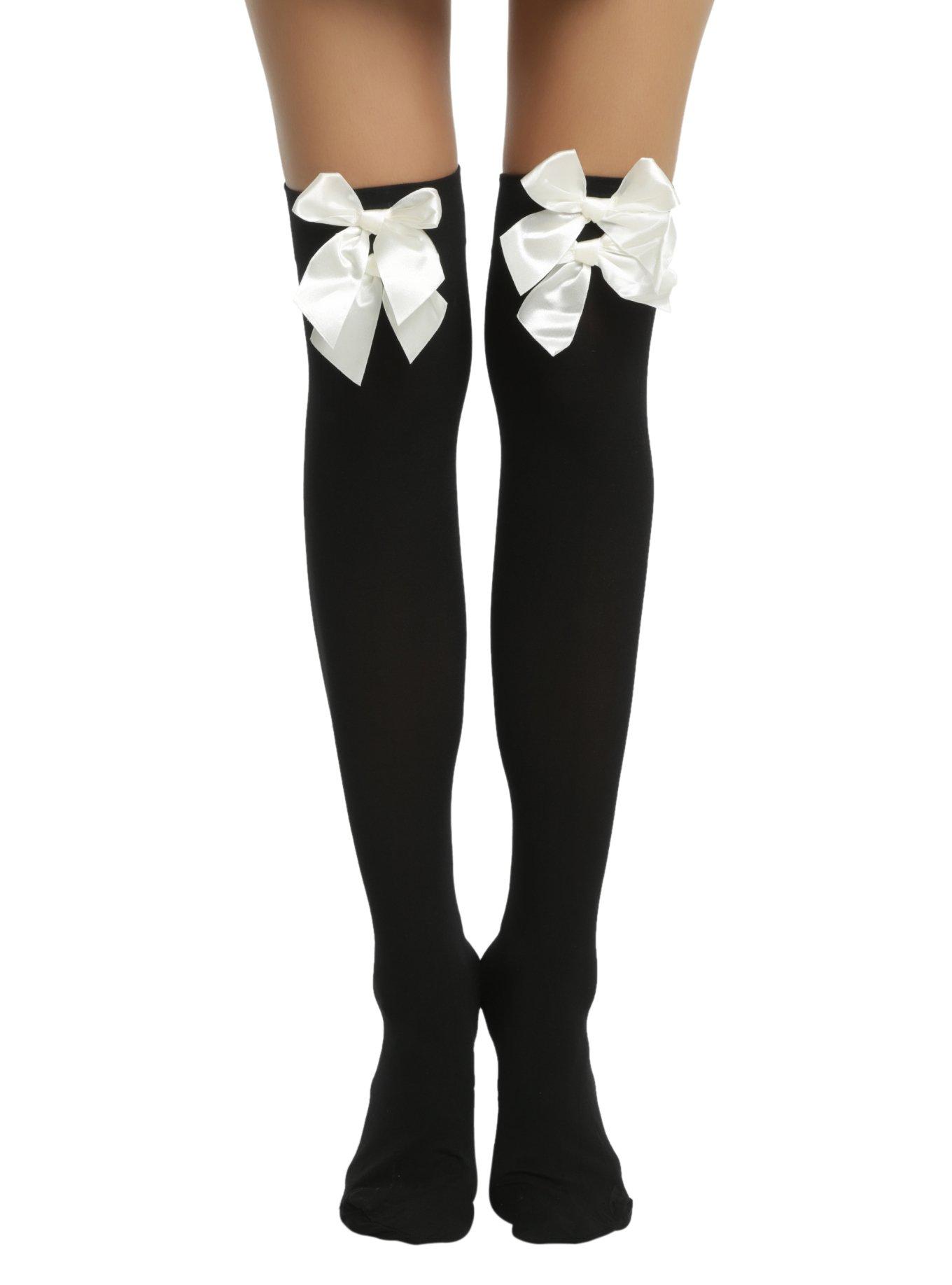 Blackheart Triple White Bow Black Thigh Highs, , hi-res