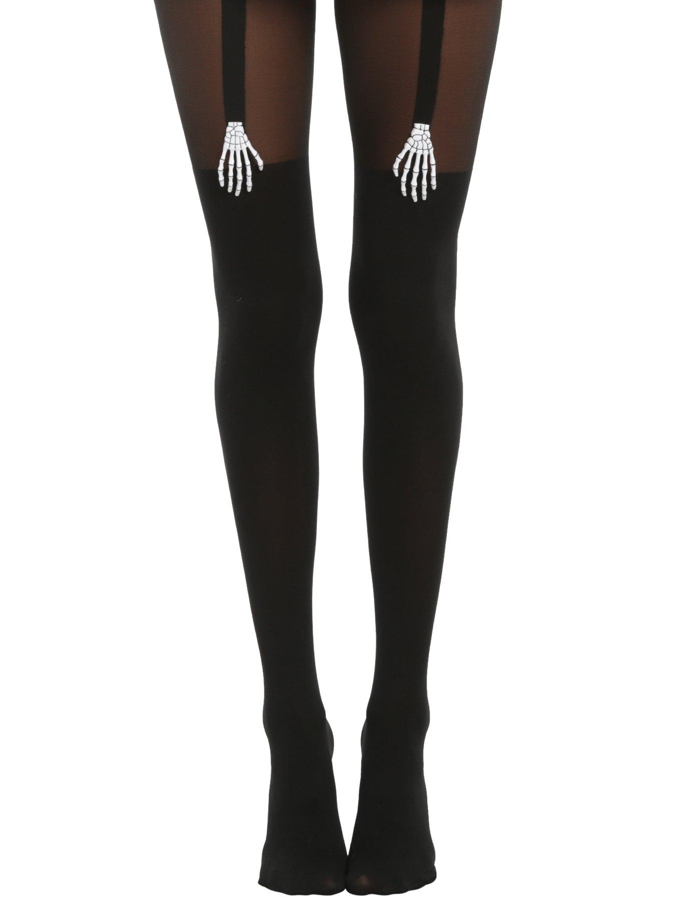 Blackheart Skeleton Hands Black Faux Thigh High Tights