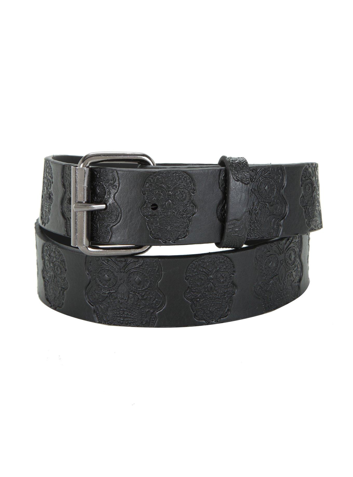 Embossed Sugar Skull Black Belt, BLACK, hi-res