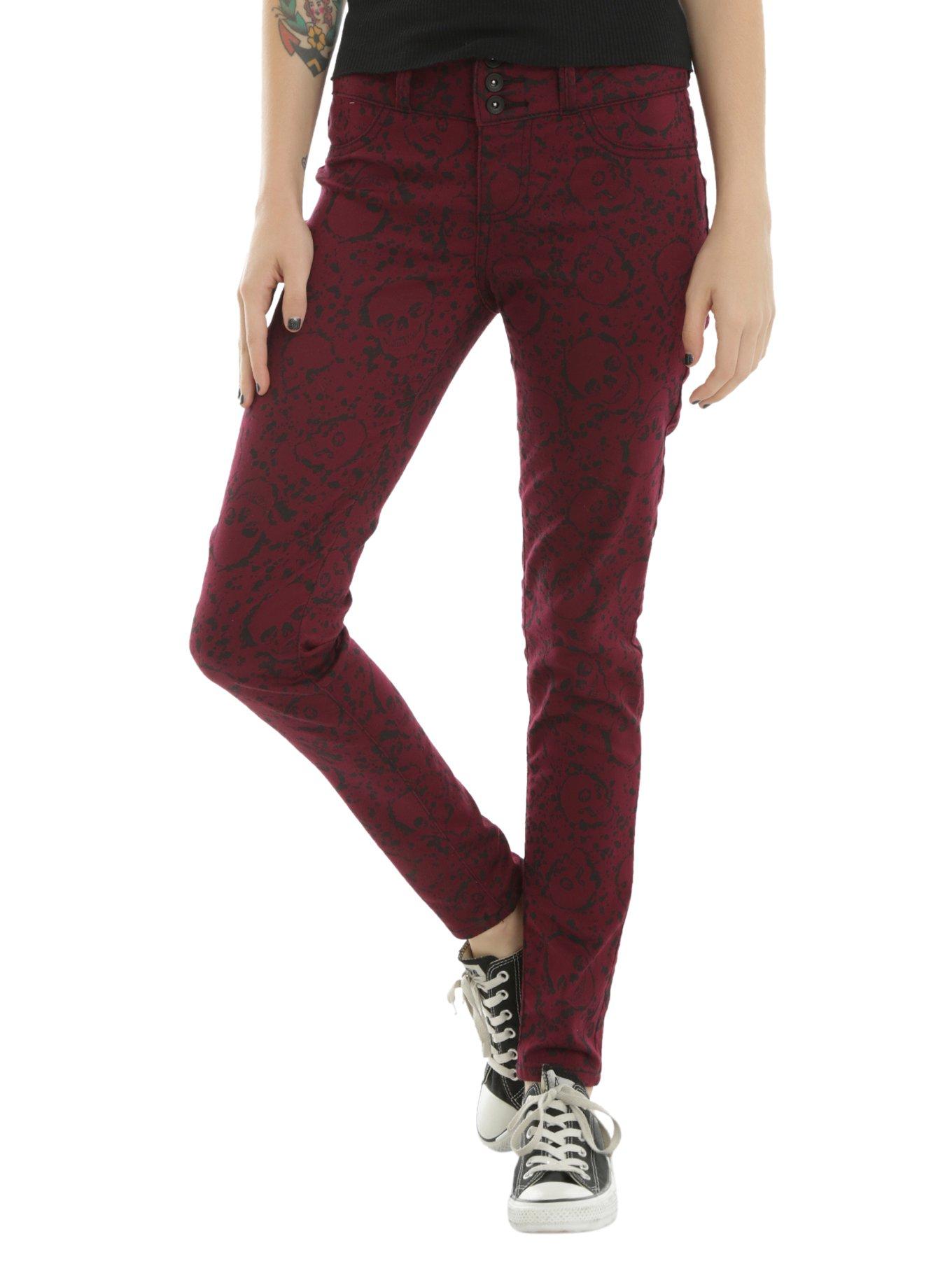 Blackheart Burgundy Skull Splatter Super Skinny Jeans, BURGUNDY, hi-res