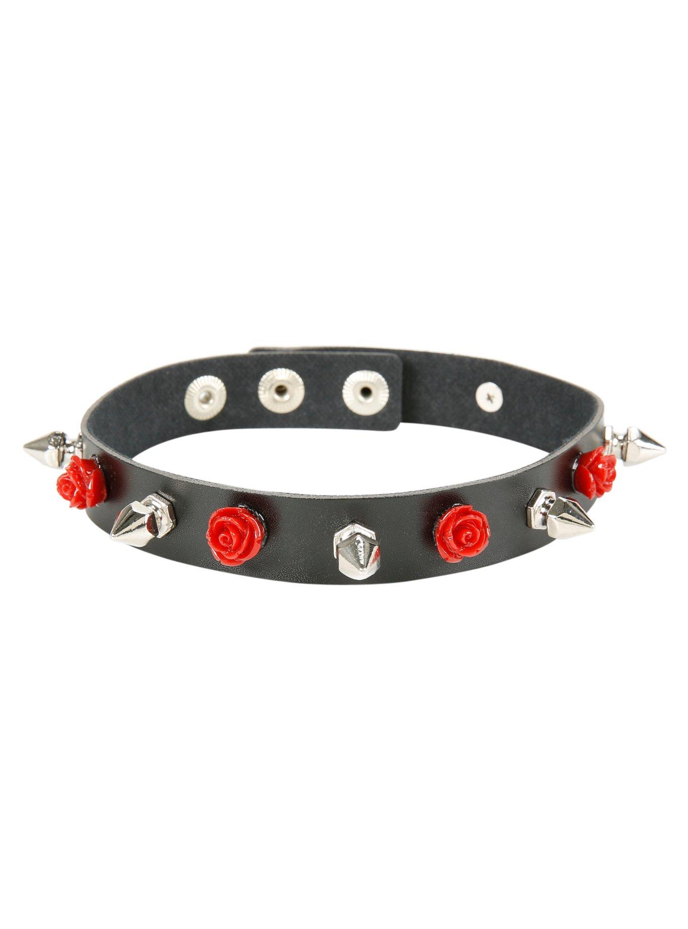 Blackheart Rose & Spike Faux Leather Choker, , hi-res