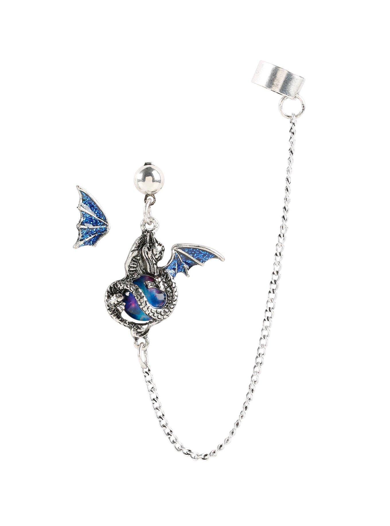 Blackheart Blue Glitter Dragon Ear Cuff & Stud, , hi-res