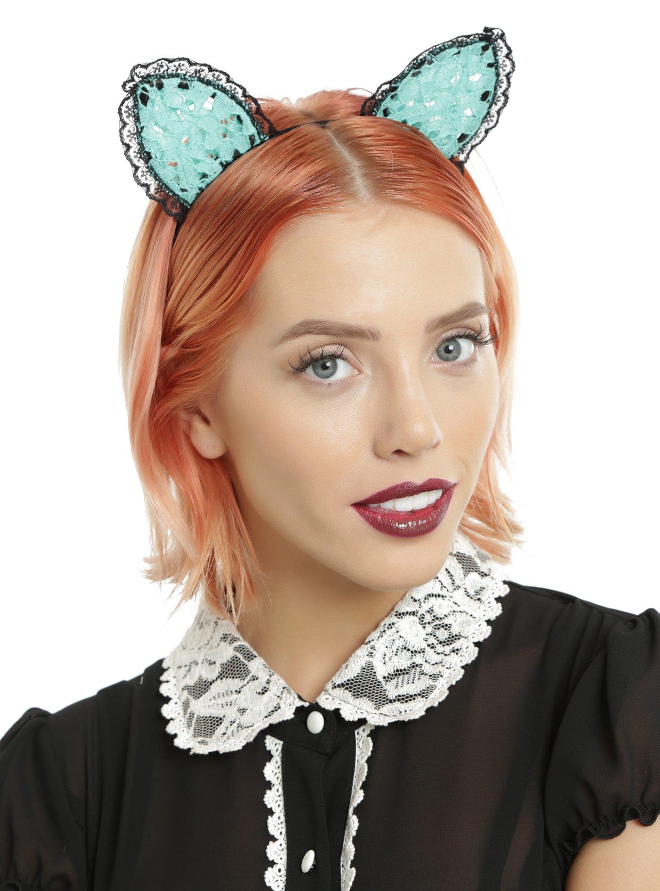 Mint & Black Lace Cat Ear Headband, , hi-res