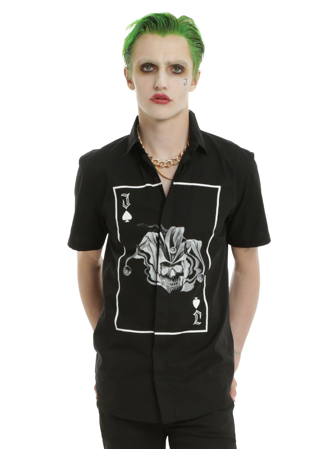 DC Comics Suicide Squad The Joker Card Short-Sleeved Woven Button-Up, BLACK, hi-res