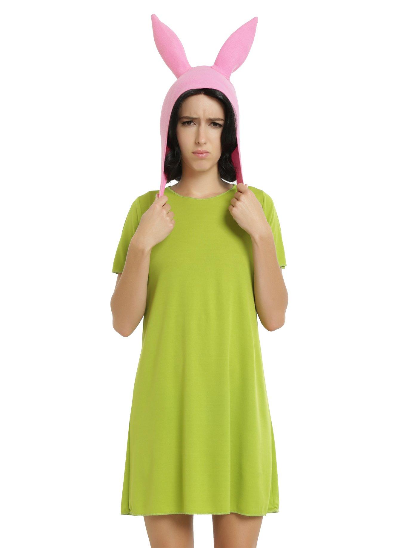 prompthunt: A still of Louise Belcher in Shrek (2001), wearing a pink bunny  ears hat and green dress, black hair