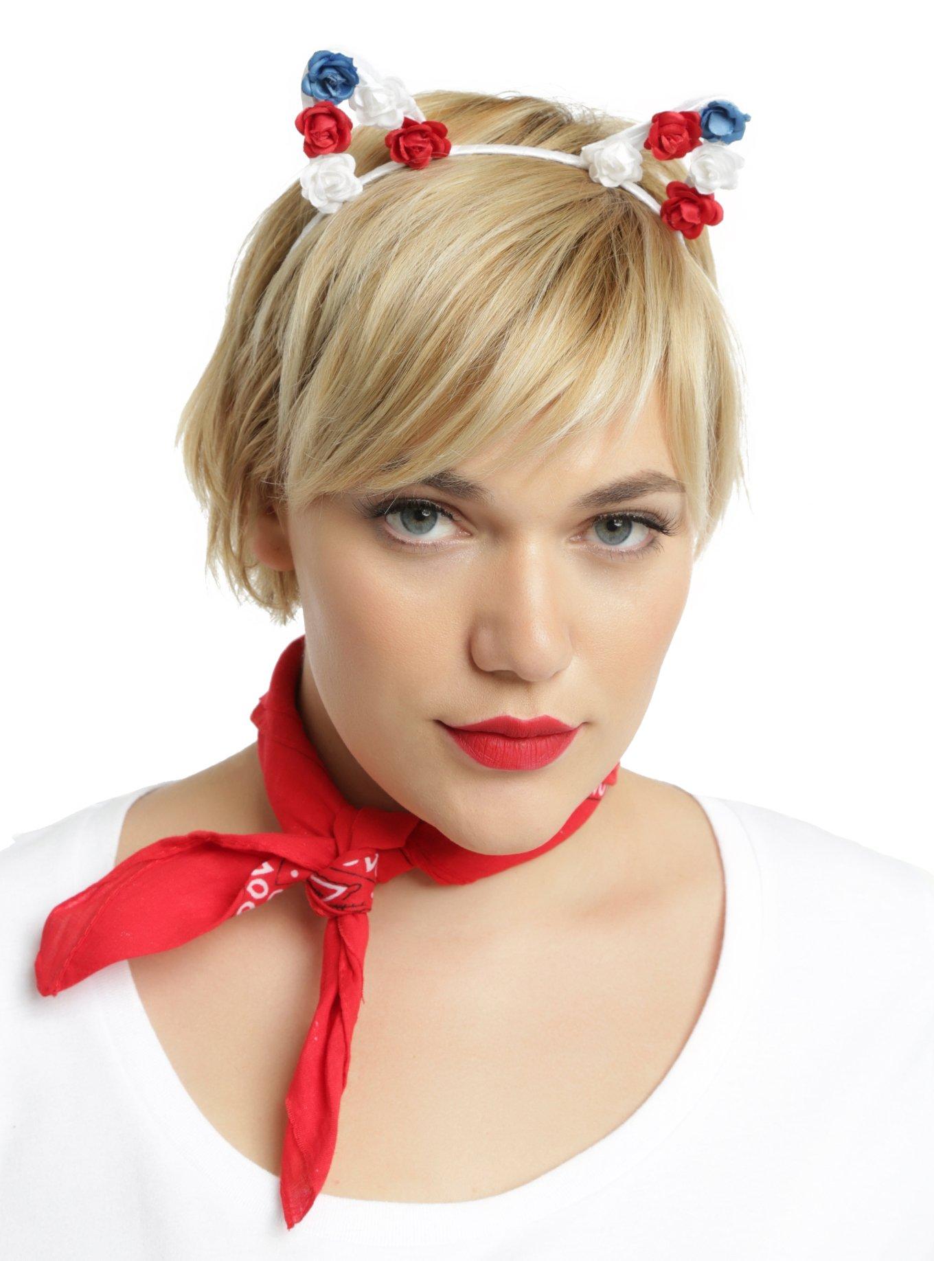Red White & Blue Flower Cat Ear Headband, , hi-res