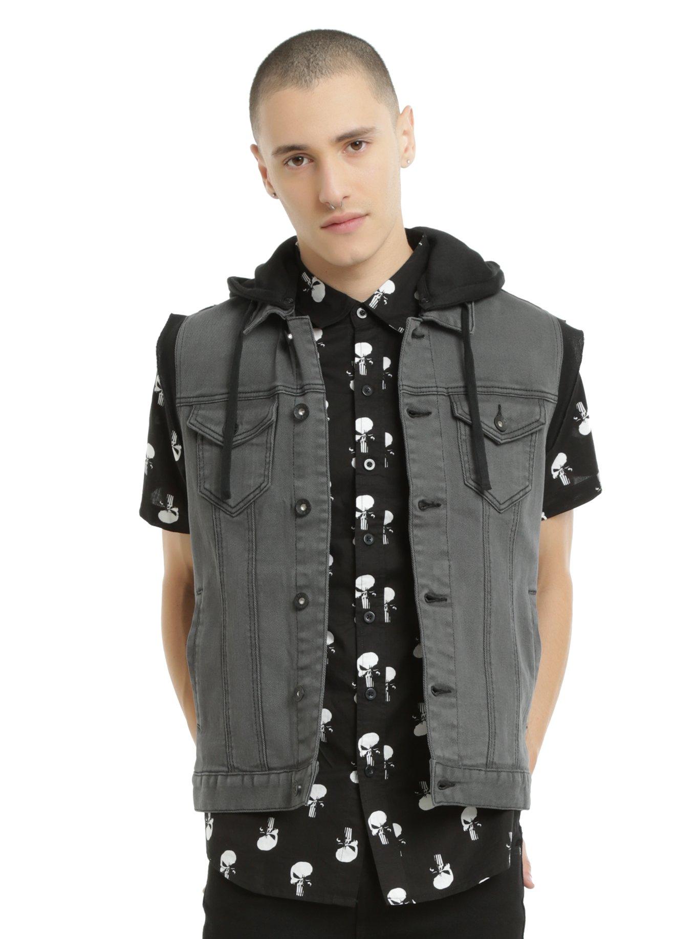 XXX RUDE Black Fleece Cap Hooded Grey Denim Vest, GREY, hi-res