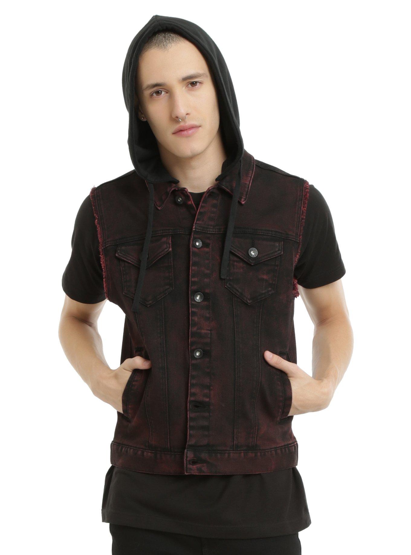 XXX RUDE Black Hooded Red Wash Denim Vest, RED, hi-res