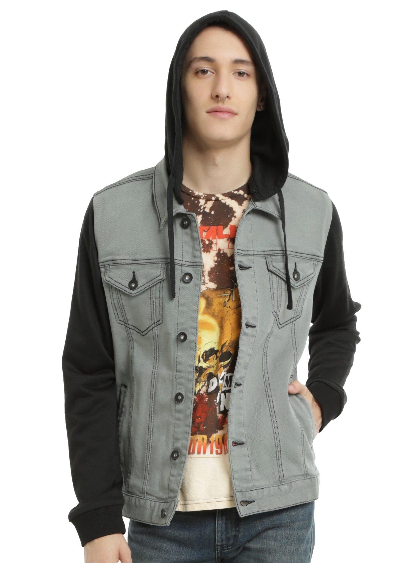 XXX RUDE Grey Denim Black Fleece Hooded Jacket, GREY, hi-res