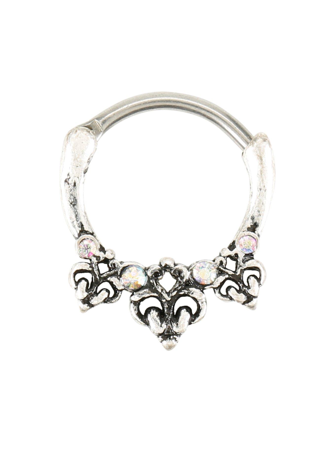 Burnished Silver Filigree Iridescent Stone Septum Hoop, GOLD, hi-res