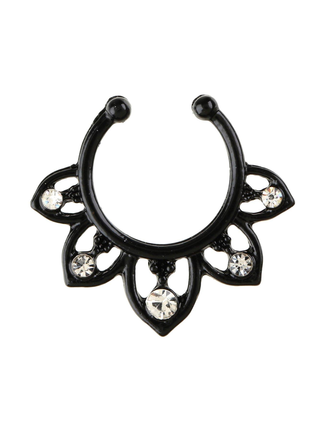 Black Petals CZ Faux Septum Ring, , hi-res