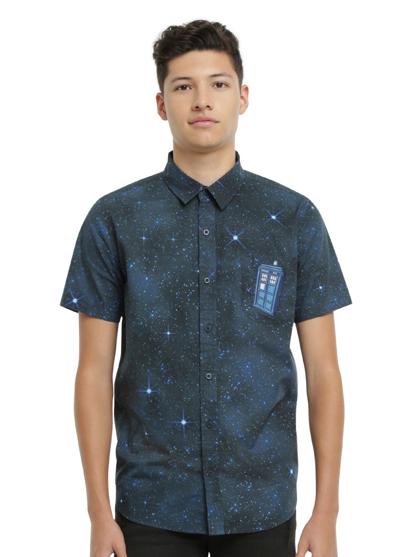 Doctor Who TARDIS Galaxy Short-Sleeved Woven Button-Up, BLACK, hi-res