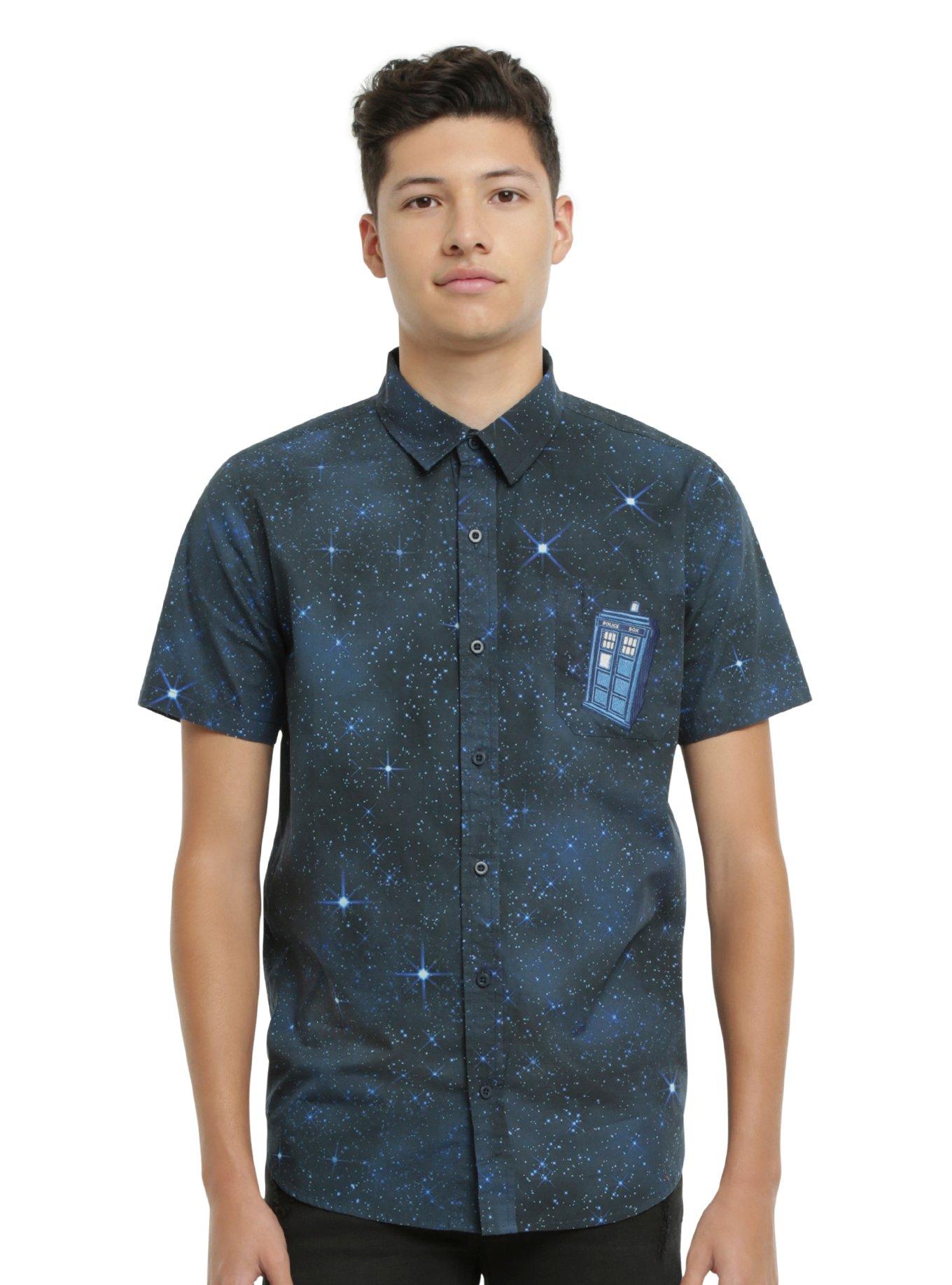 Doctor Who TARDIS Galaxy Short-Sleeved Woven Button-Up, BLACK, hi-res