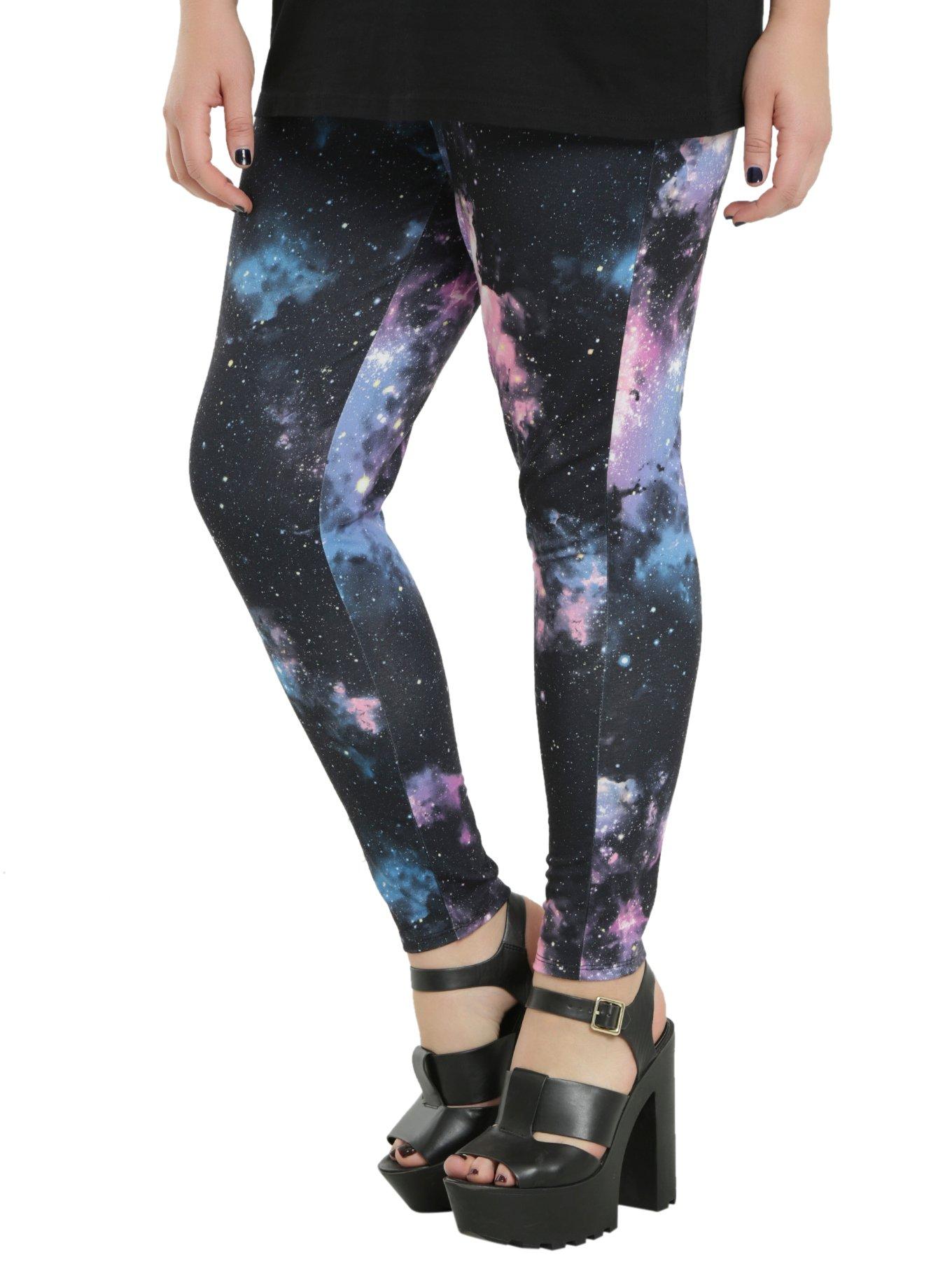 Blackheart Pink & Blue Galaxy Print Leggings Plus Size, PURPLE, hi-res