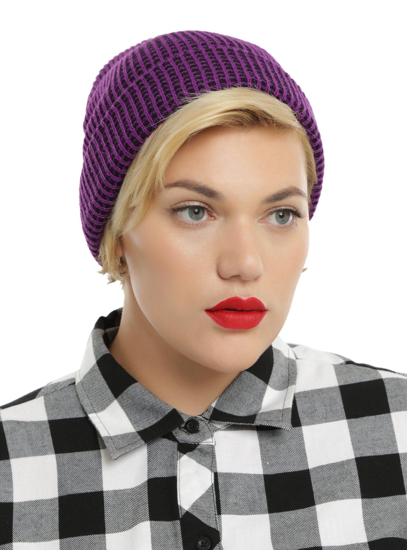 Purple Waffle Knit Beanie, , hi-res