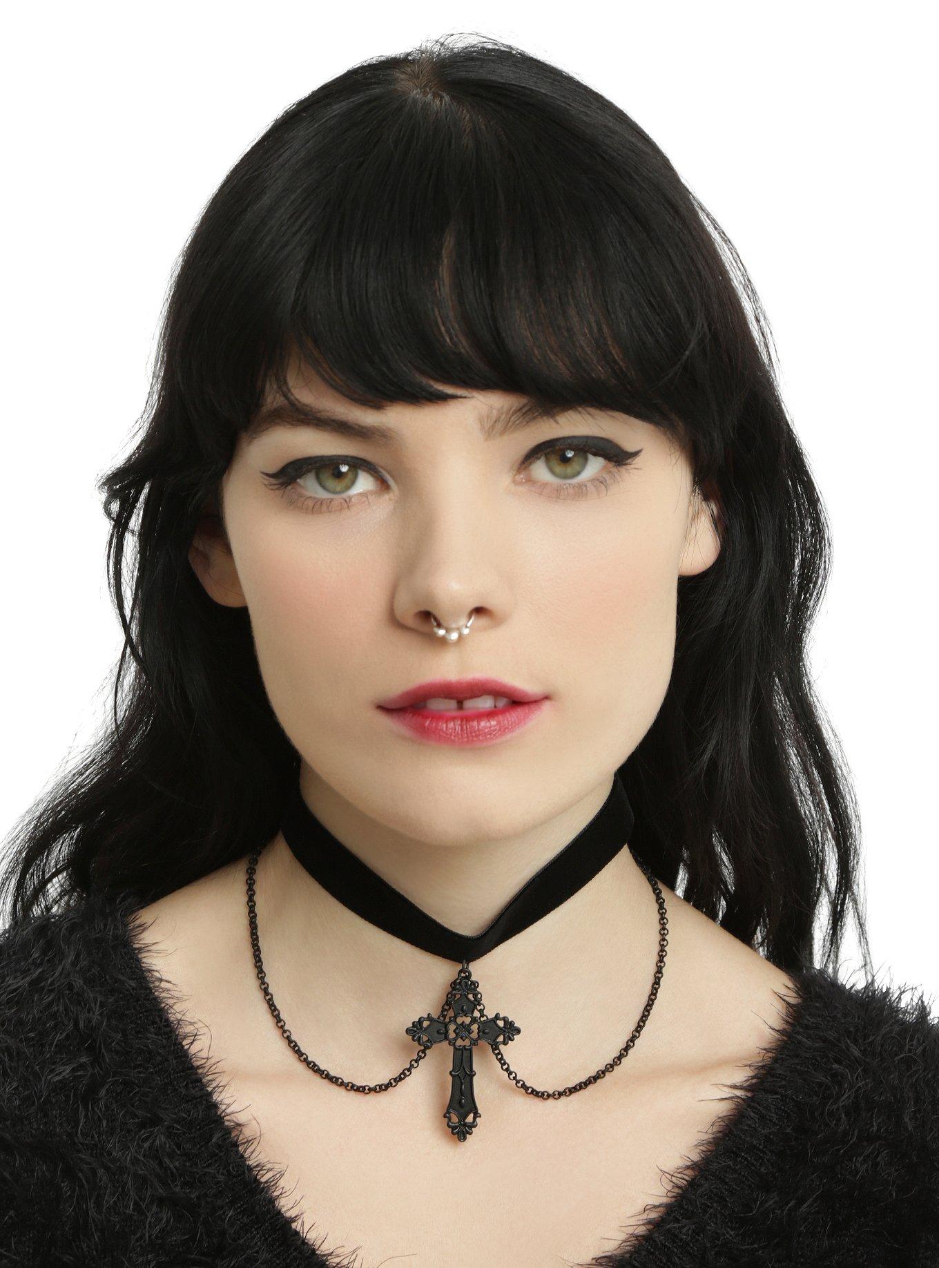 Blackheart Black Cross Layered Chain Velvet Choker, , hi-res