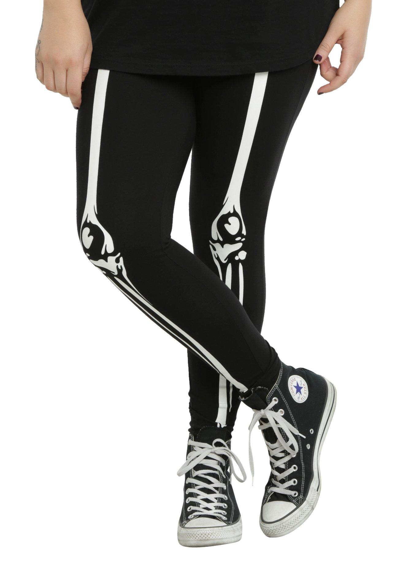 Blackheart Skeleton Printed Leggings Plus Size, BLACK, hi-res