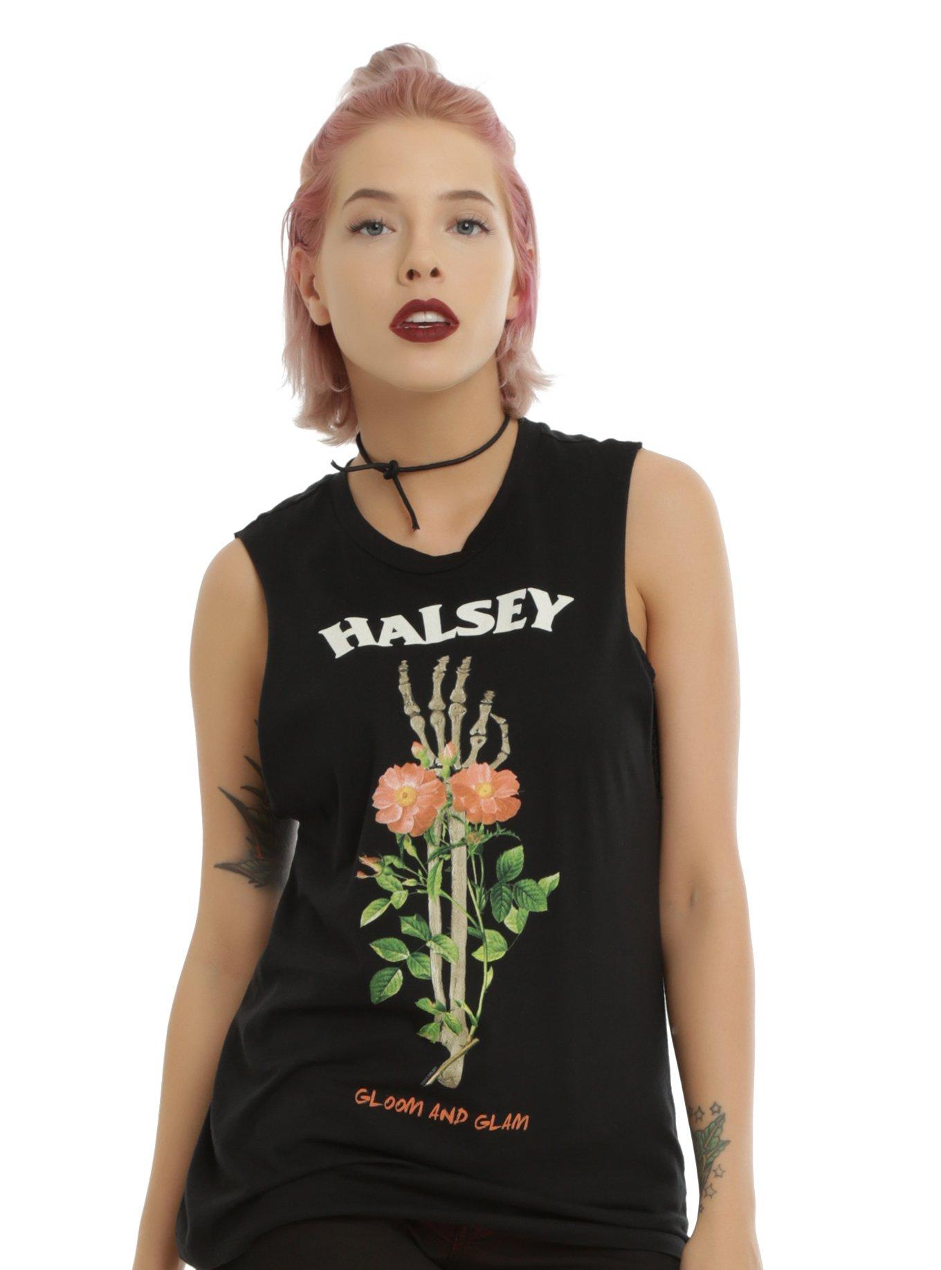 Halsey Skeleton Hand Flowers Girls Muscle Top, BLACK, hi-res